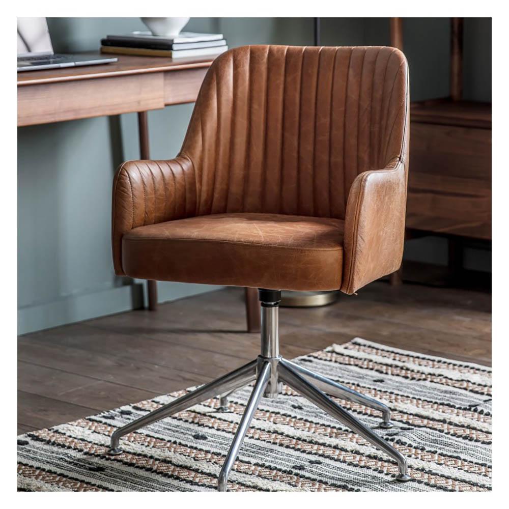 Fauteuil pivotant Curie en cuir marron vintage