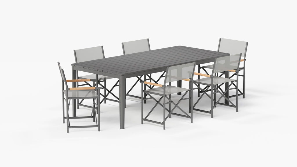 Table à manger rectangulaire d'extérieur en aluminium + 6 chaises de réalisateur en aluminium