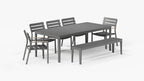Table à manger rectangulaire d'extérieur en aluminium + 2 fauteuils 595 + 3 chaises sans accoudoirs 595 + banc de salle à manger en aluminium