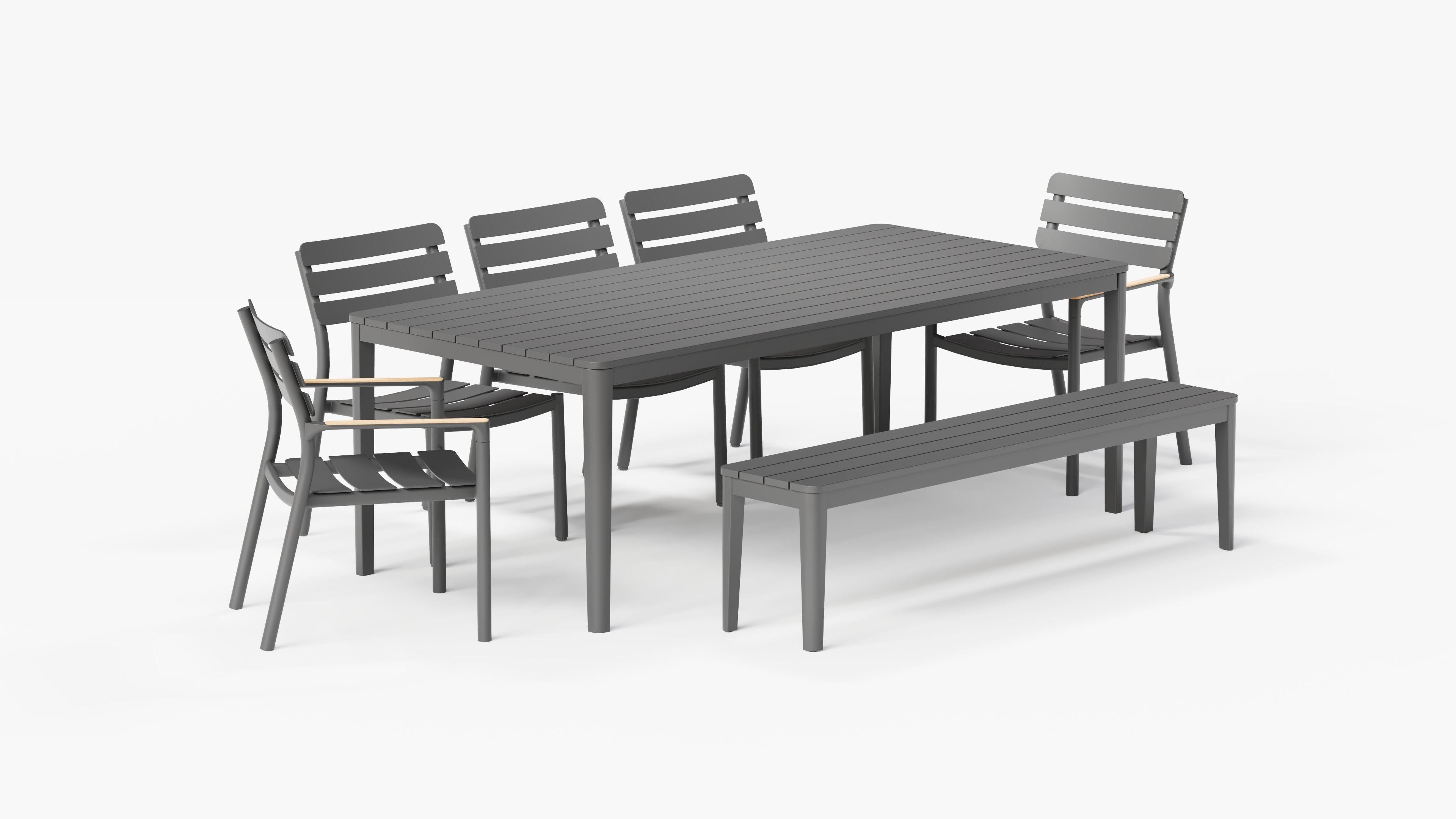 Table à manger rectangulaire d'extérieur en aluminium + 2 fauteuils 595 + 3 chaises sans accoudoirs 595 + banc de salle à manger en aluminium