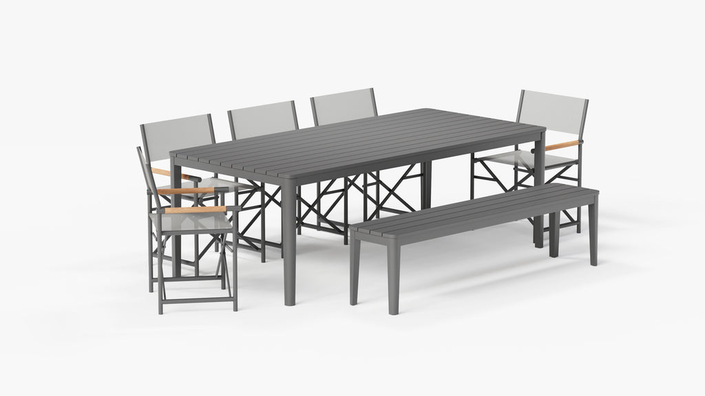 Table à manger rectangulaire d'extérieur en aluminium + 5 chaises de réalisateur en aluminium + banc de salle à manger en aluminium