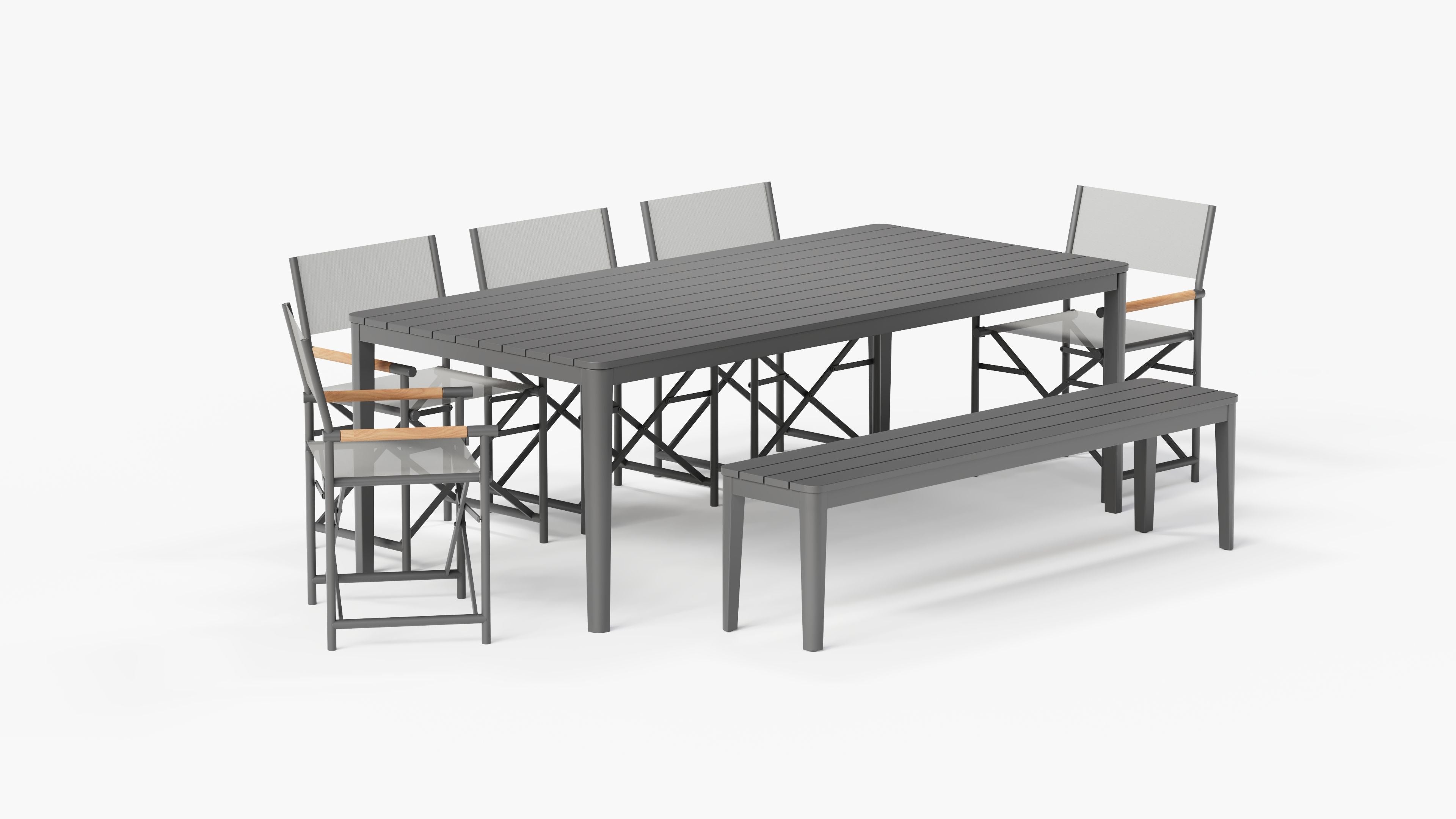 Table à manger rectangulaire d'extérieur en aluminium + 5 chaises de réalisateur en aluminium + banc de salle à manger en aluminium