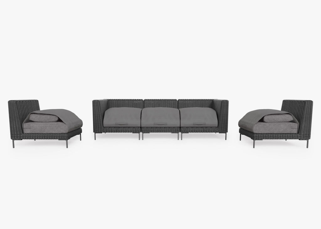 Canapé d'extérieur en osier noir avec accoudoirs - 5 places