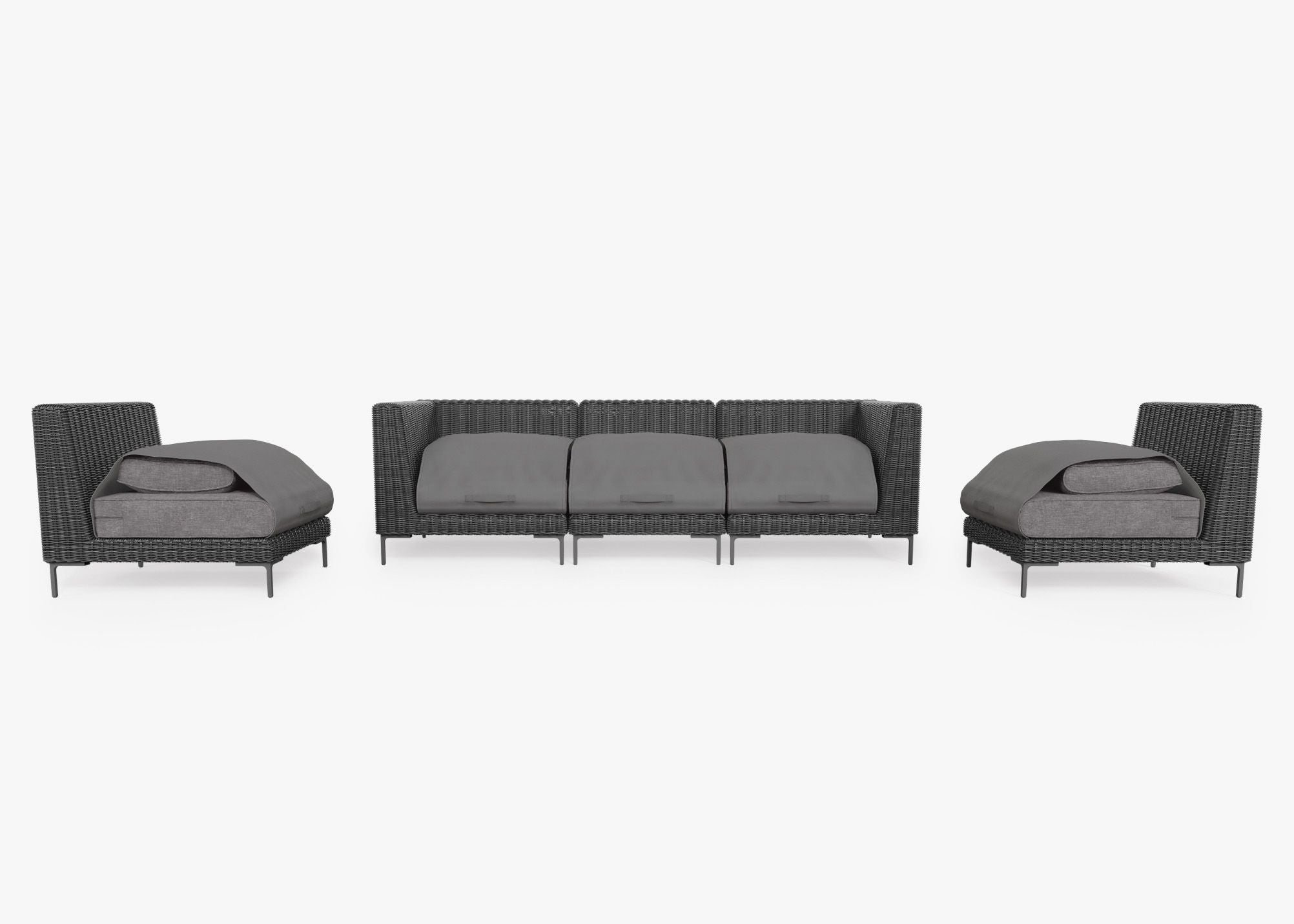 Canapé d'extérieur en osier noir avec accoudoirs - 5 places
