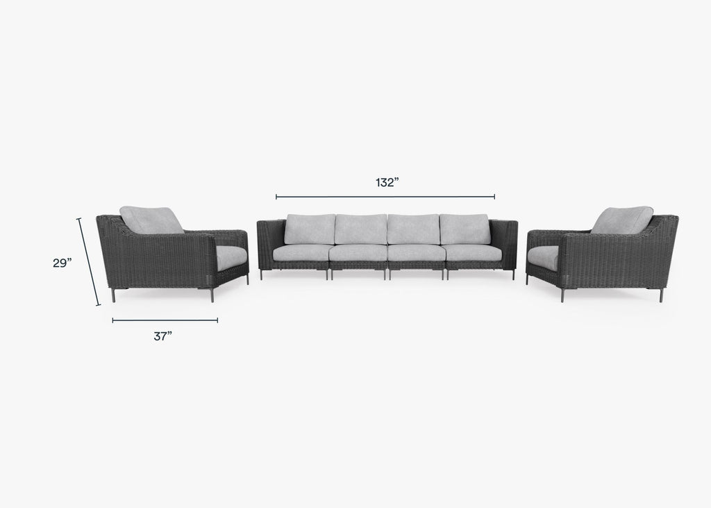 Canapé d'extérieur en osier noir avec fauteuils - 6 places