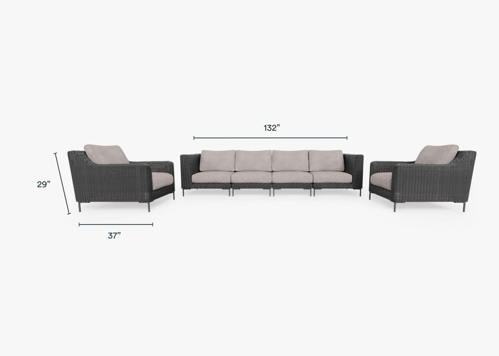 Canapé d'extérieur en osier noir avec fauteuils - 6 places