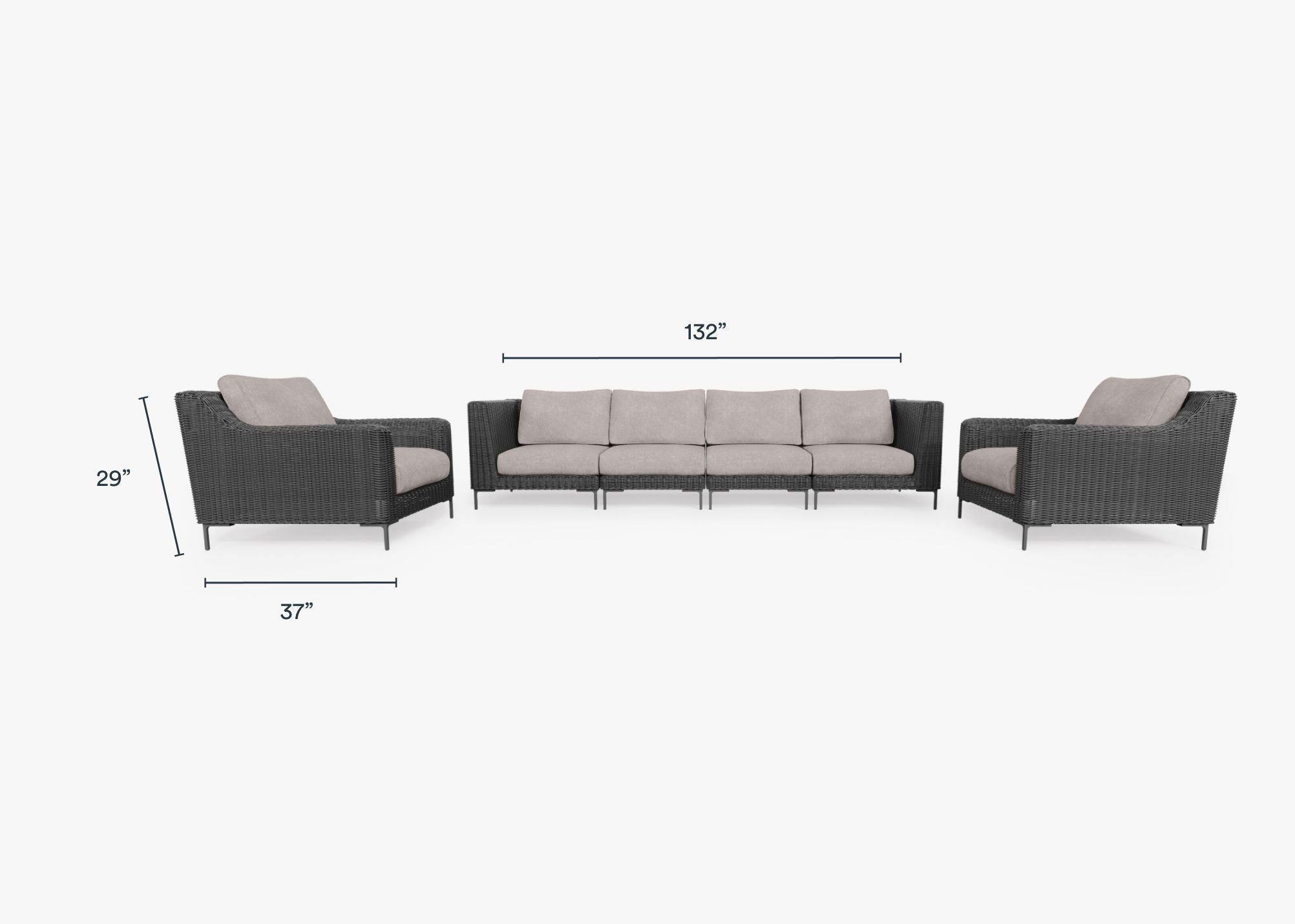 Canapé d'extérieur en osier noir avec fauteuils - 6 places
