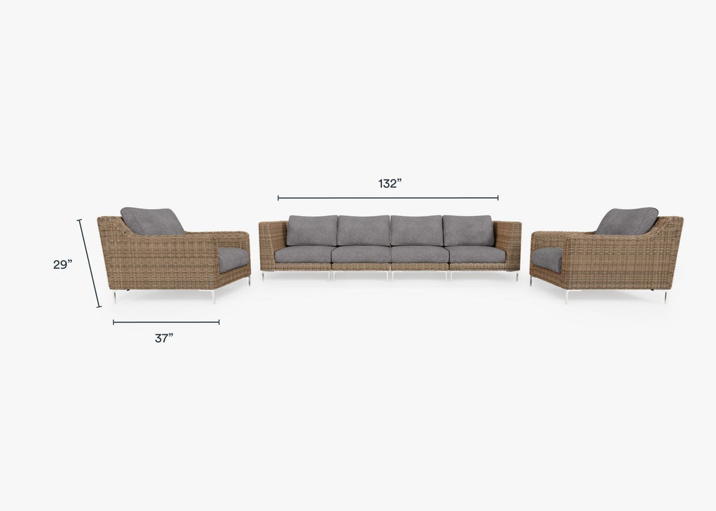 Canapé d'extérieur en osier marron avec fauteuils - 6 places