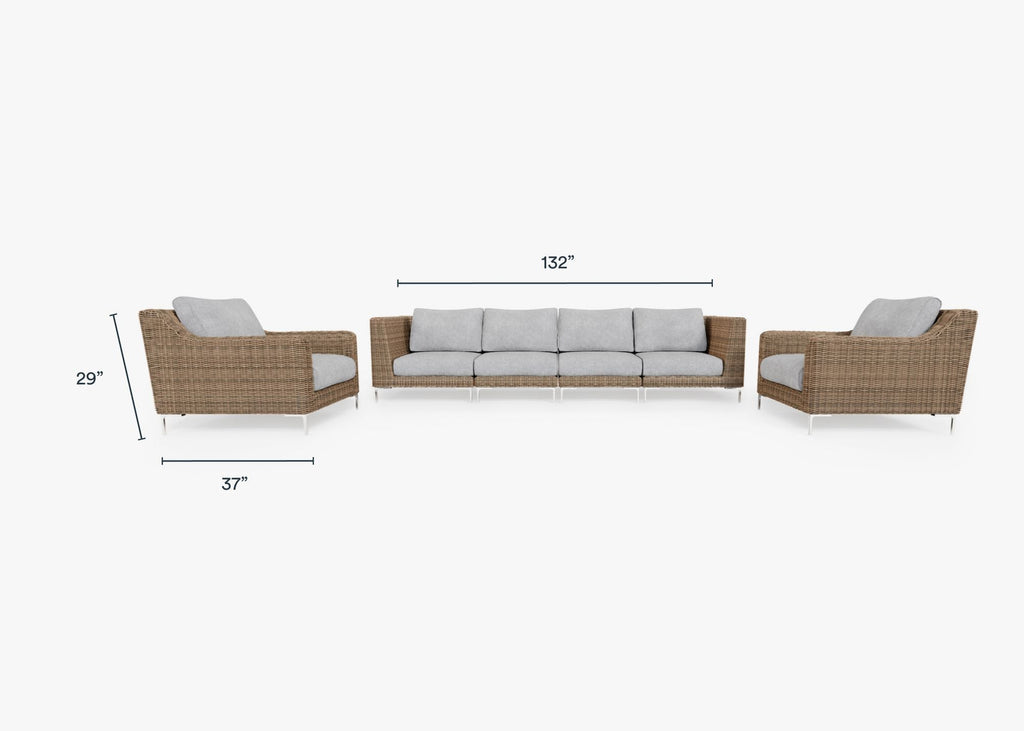 Canapé d'extérieur en osier marron avec fauteuils - 6 places