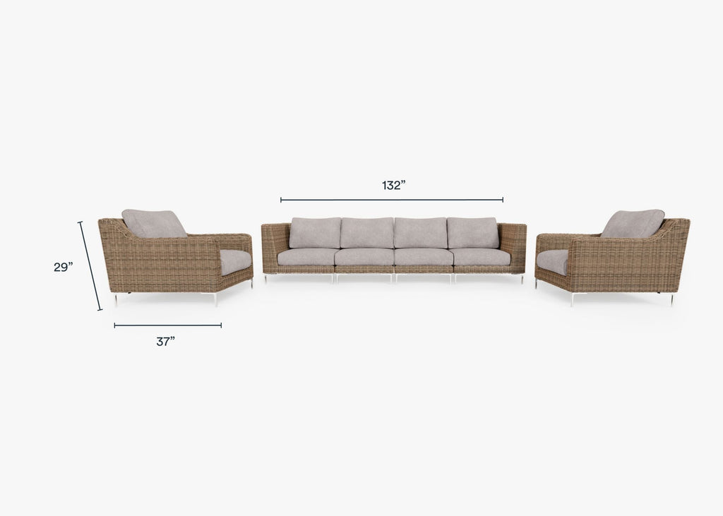 Canapé d'extérieur en osier marron avec fauteuils - 6 places