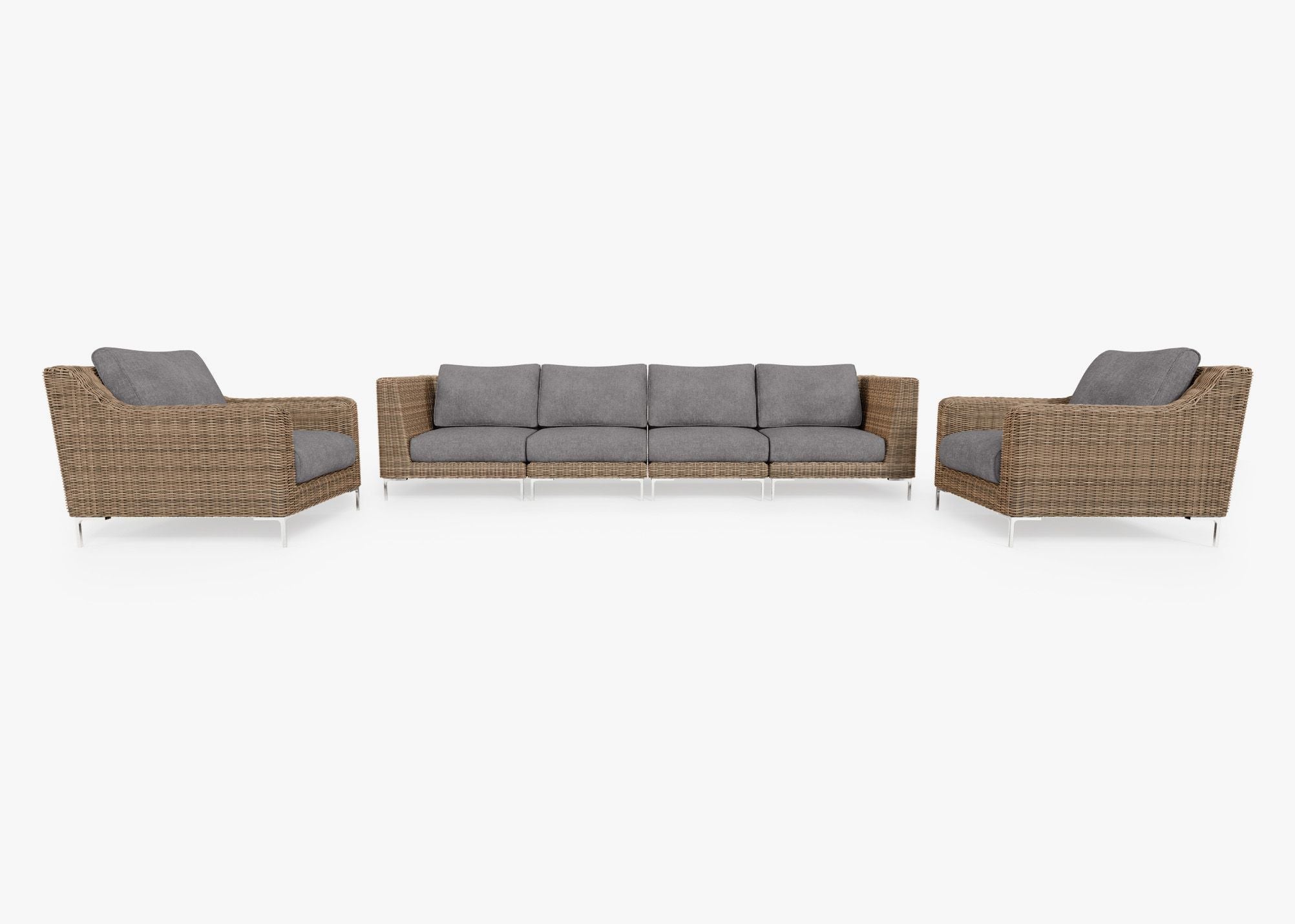 Canapé d'extérieur en osier marron avec fauteuils - 6 places