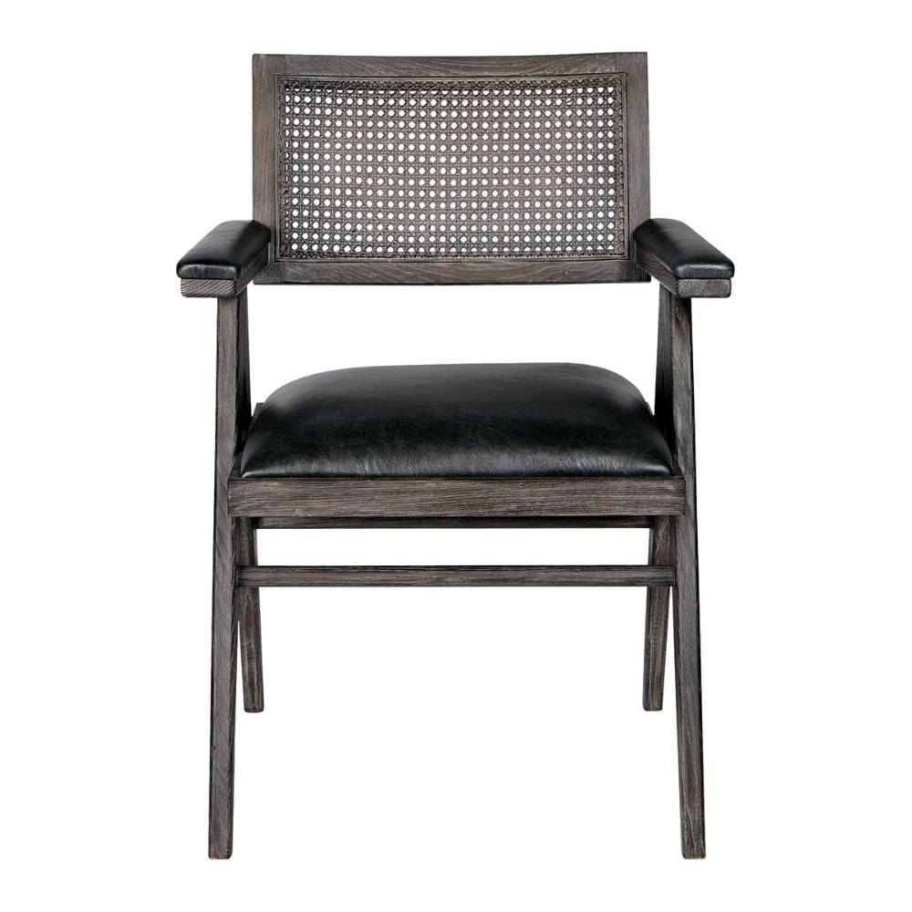 Fauteuil Charles Blanc d'Ivoire en cuir noir vieilli et mousse naturelle