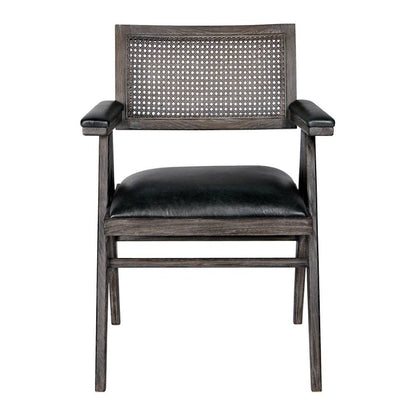 Fauteuil Charles Blanc d'Ivoire en cuir noir vieilli et mousse naturelle