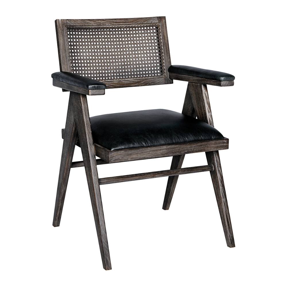 Fauteuil Charles Blanc d'Ivoire en cuir noir vieilli et mousse naturelle
