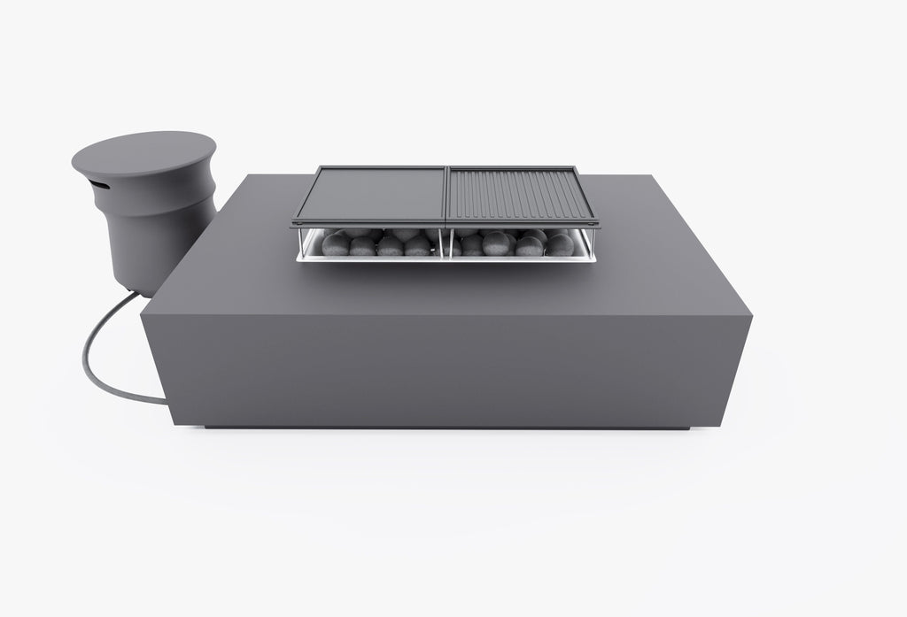 Ensemble de table et foyer en béton rectangulaire avec housse pour réservoir de propane