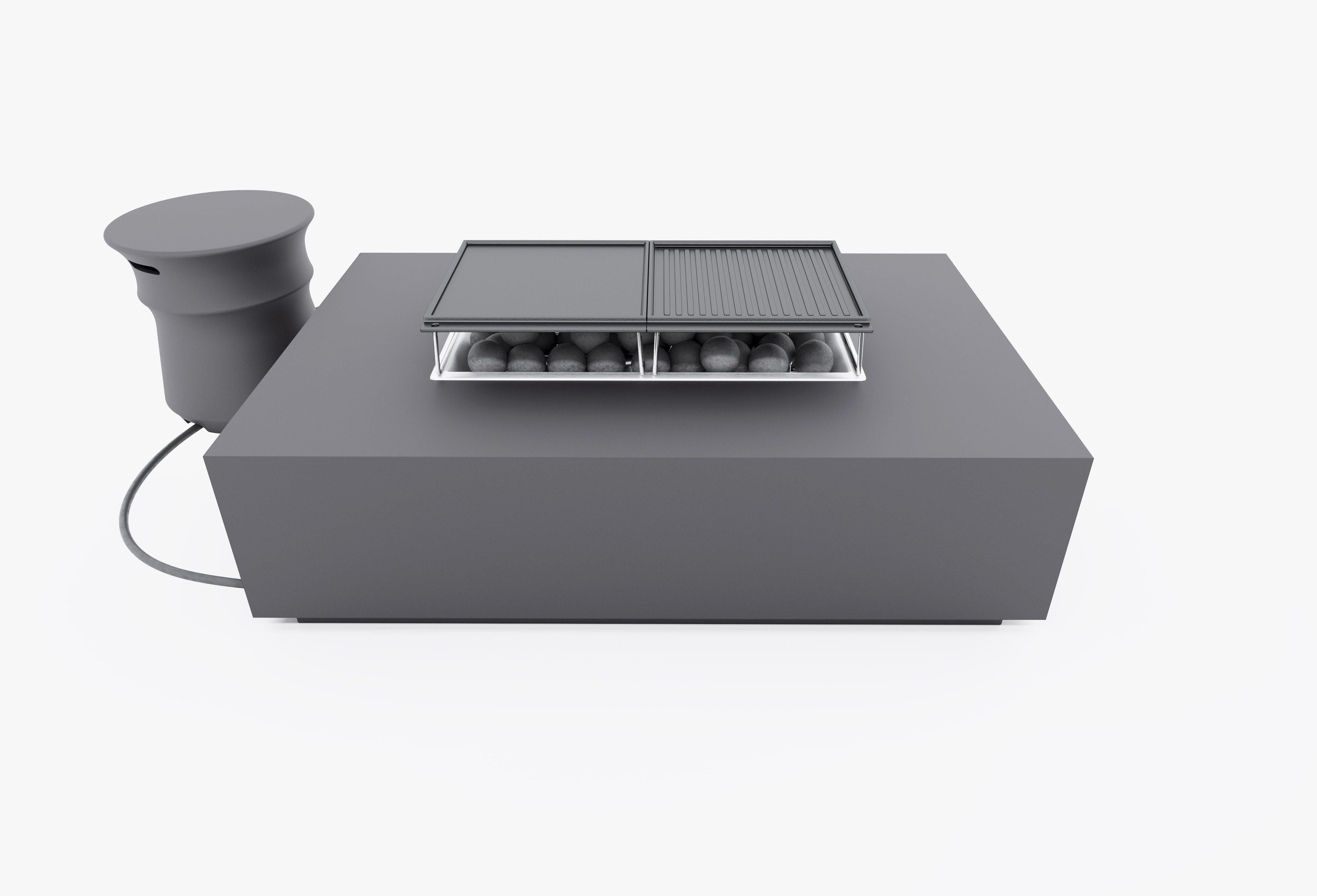 Ensemble de table et foyer en béton rectangulaire avec housse pour réservoir de propane