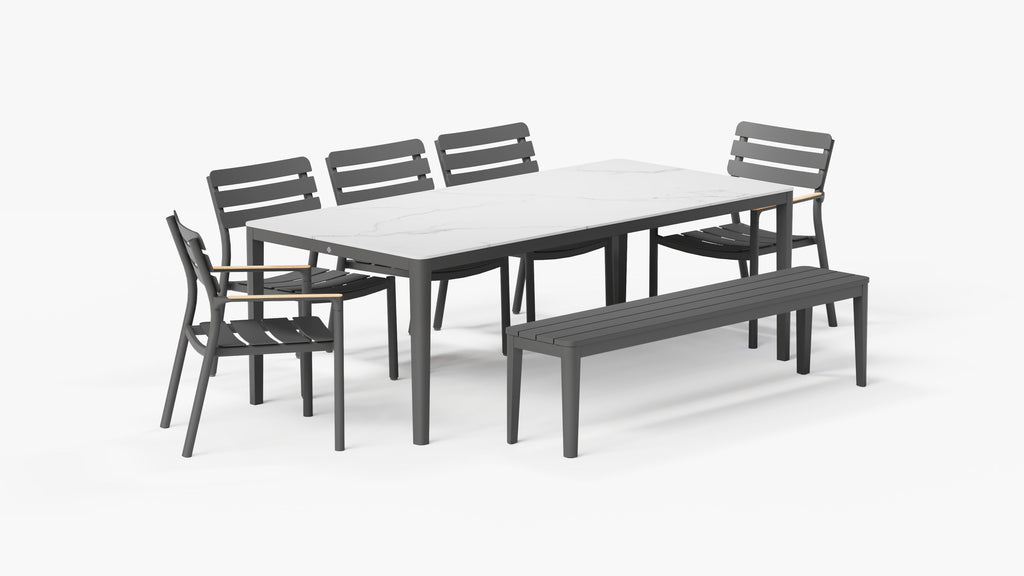 Table à manger d'extérieur OuterStone + 2 fauteuils 595 + 3 chaises sans accoudoirs 595 + banc de salle à manger en aluminium