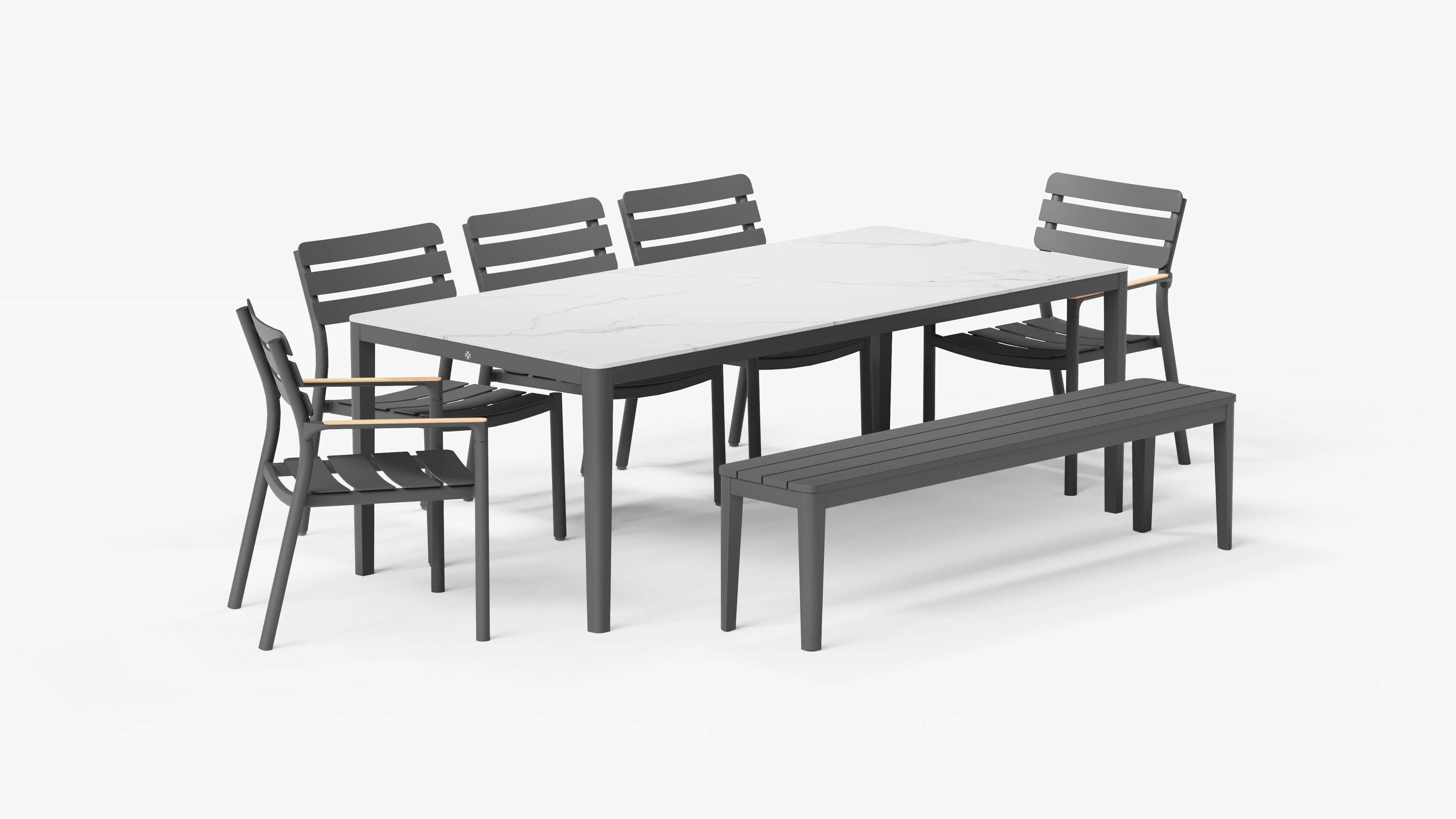 Table à manger d'extérieur OuterStone + 2 fauteuils 595 + 3 chaises sans accoudoirs 595 + banc de salle à manger en aluminium