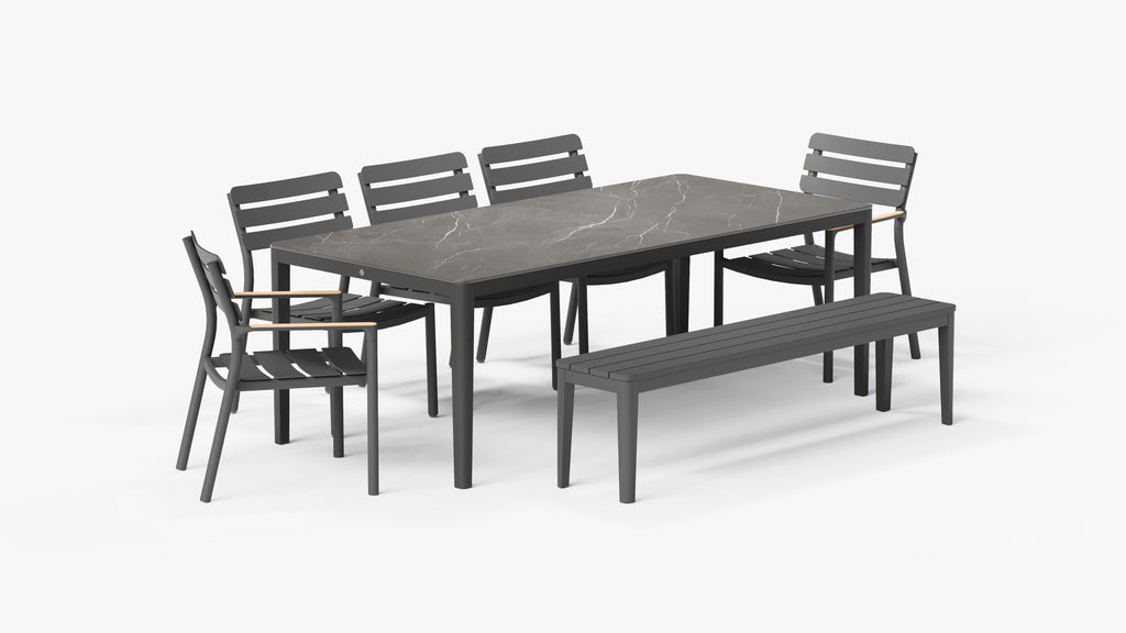 Table à manger d'extérieur OuterStone + 2 fauteuils 595 + 3 chaises sans accoudoirs 595 + banc de salle à manger en aluminium