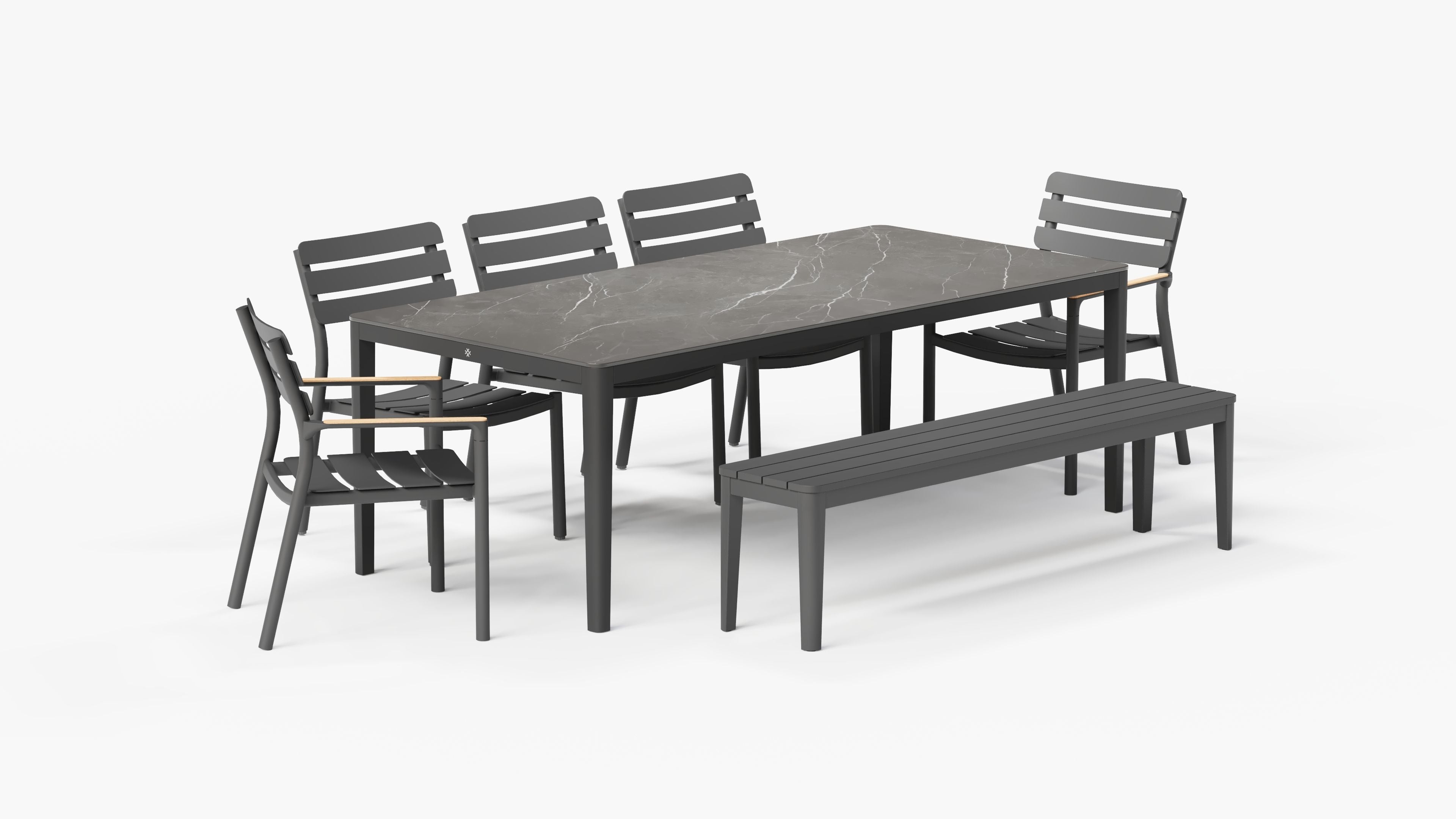 Table à manger d'extérieur OuterStone + 2 fauteuils 595 + 3 chaises sans accoudoirs 595 + banc de salle à manger en aluminium