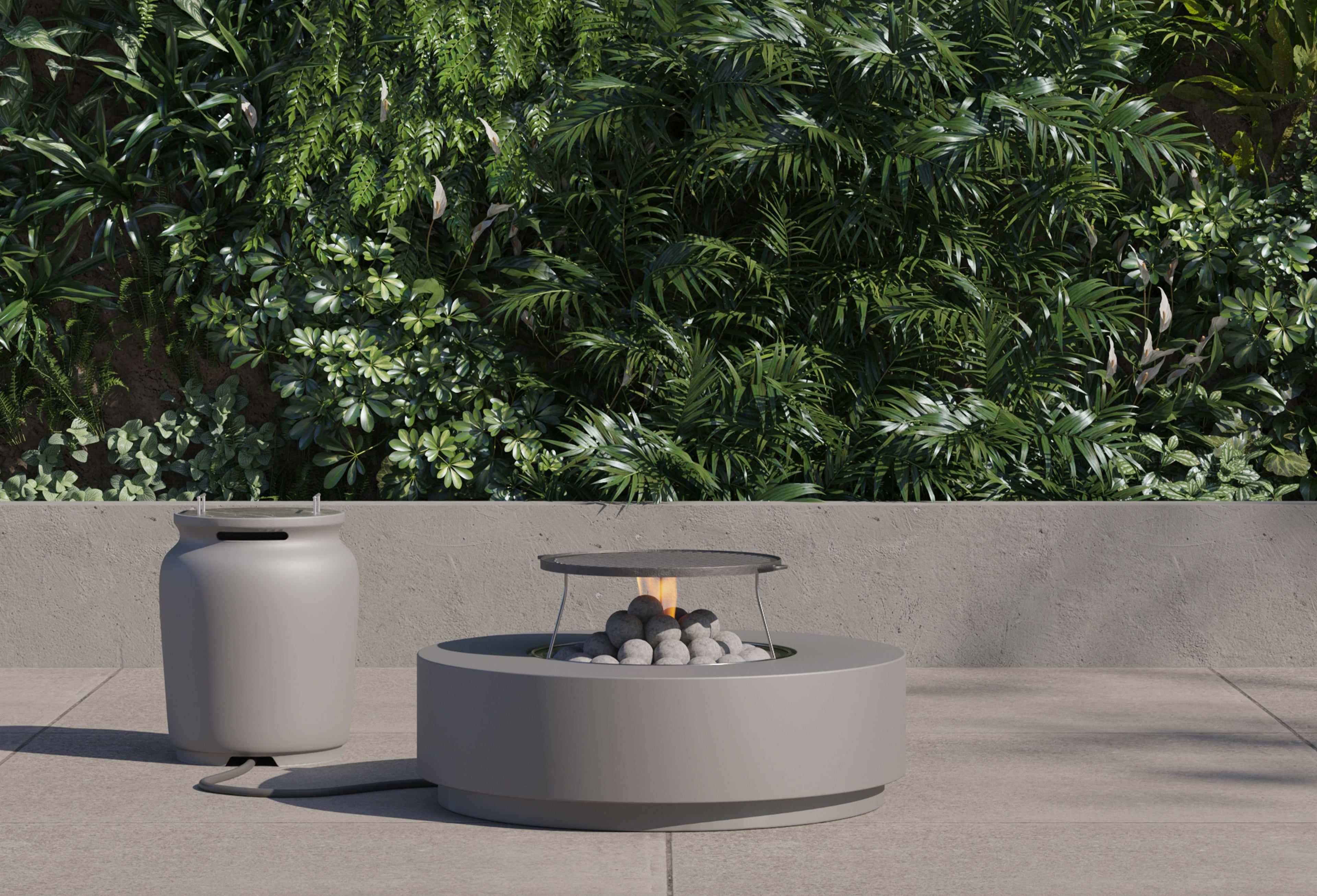 Ensemble de table et foyer en béton avec couvercle pour réservoir de propane - Rond