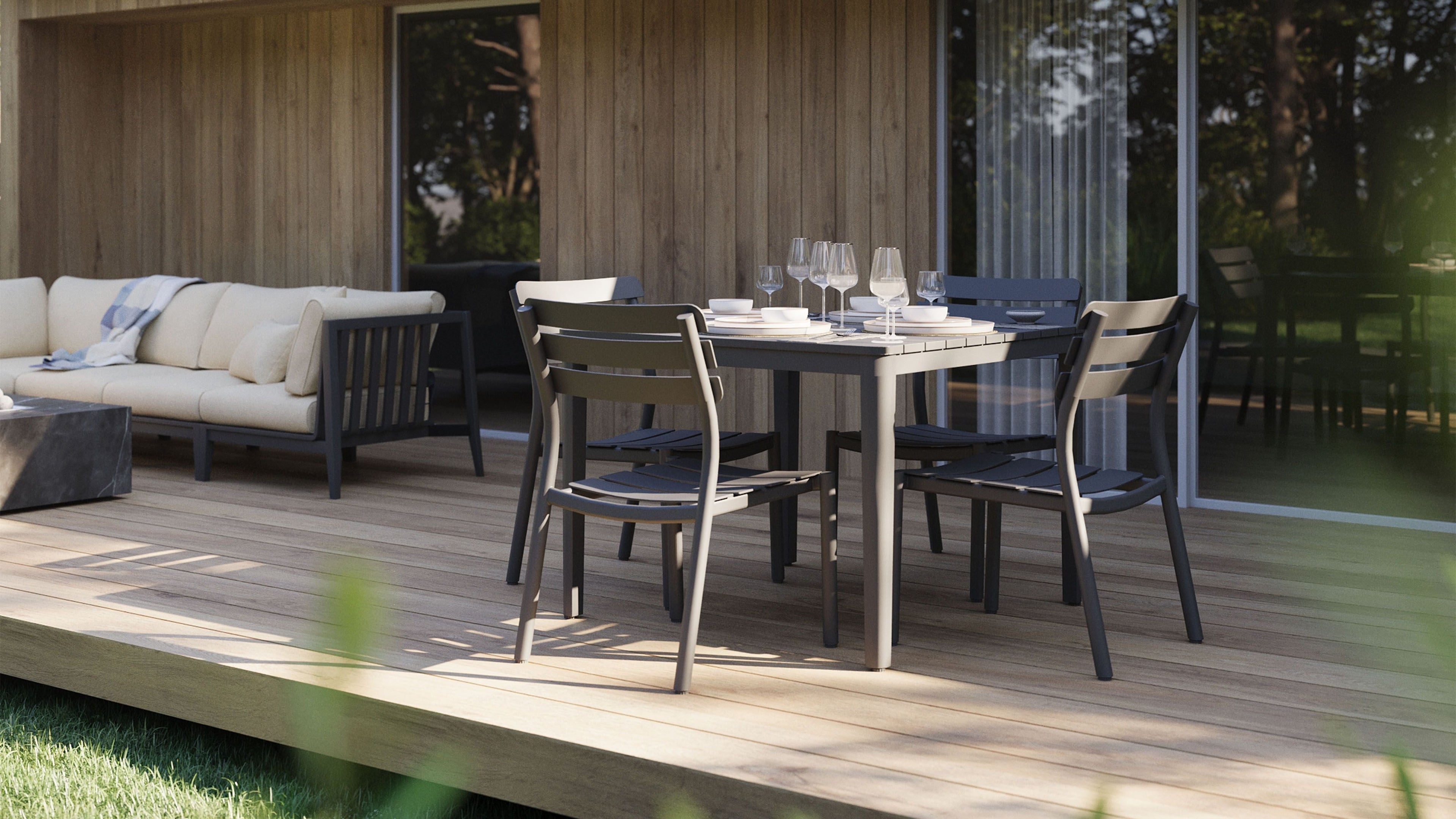 Table à manger carrée d'extérieur en aluminium + 4 chaises de réalisateur en aluminium