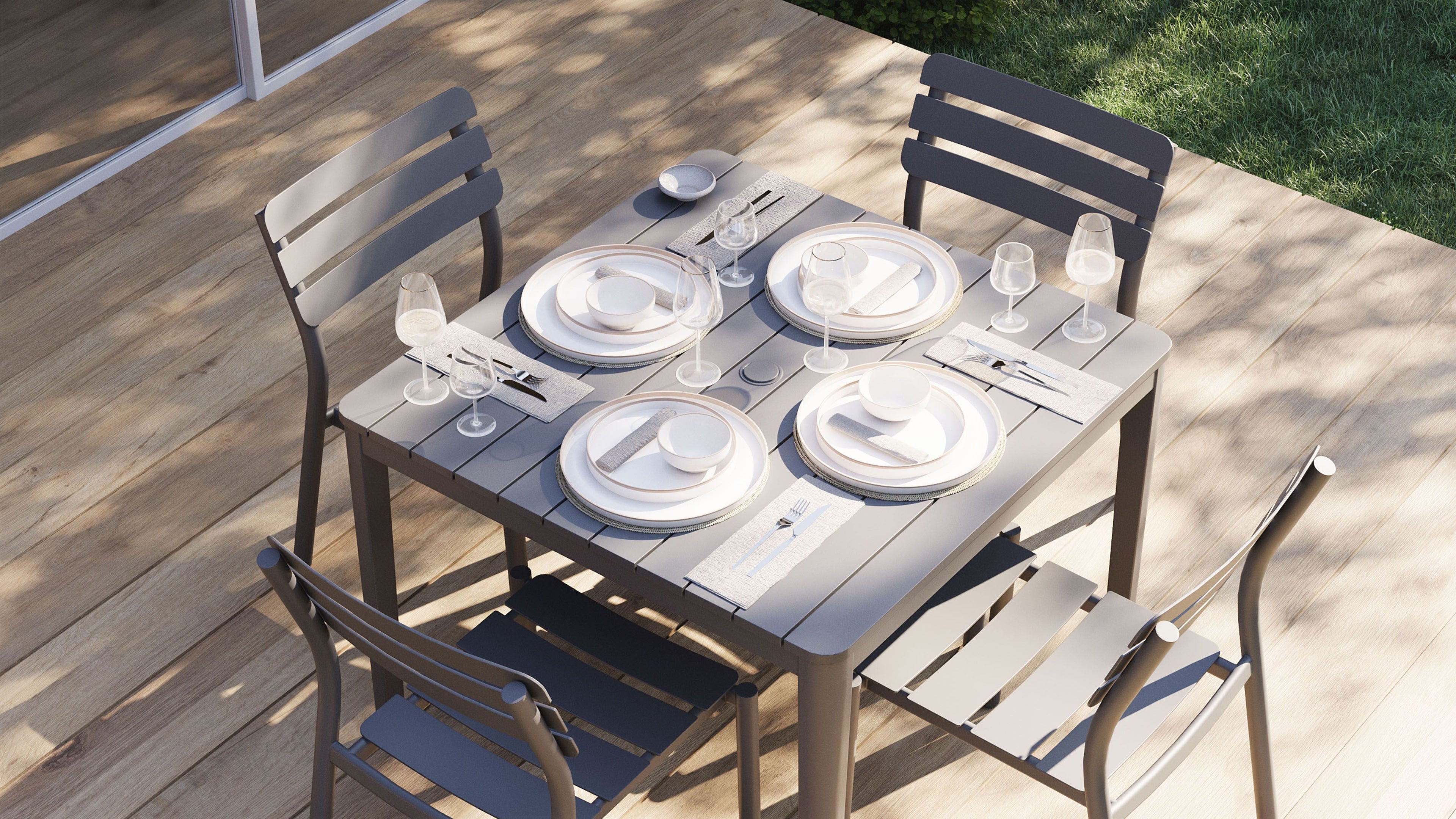 Table à manger carrée d'extérieur en aluminium + 4 chaises de réalisateur en aluminium