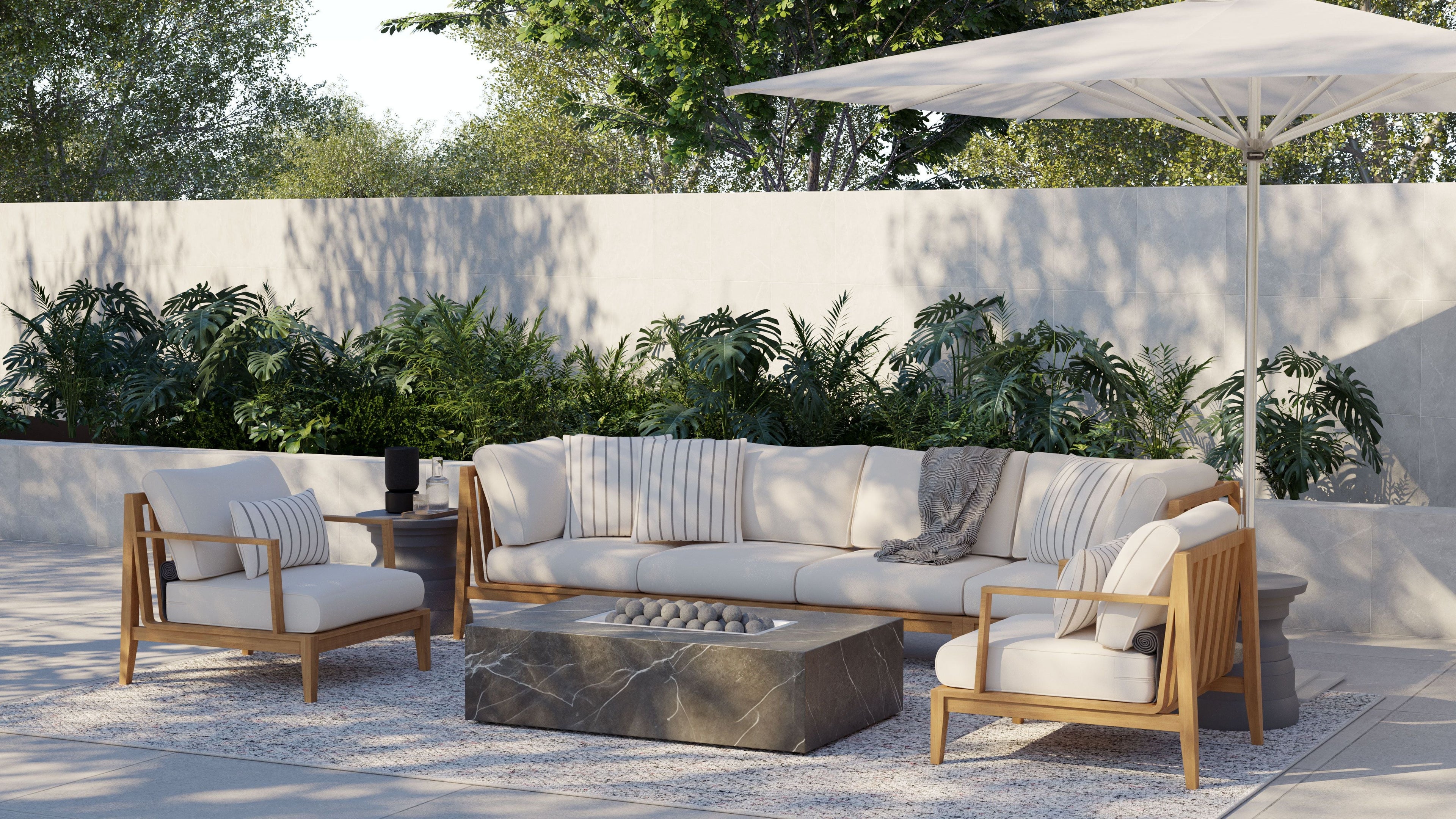 Canapé d'extérieur en teck avec fauteuils sans accoudoirs - 4 places