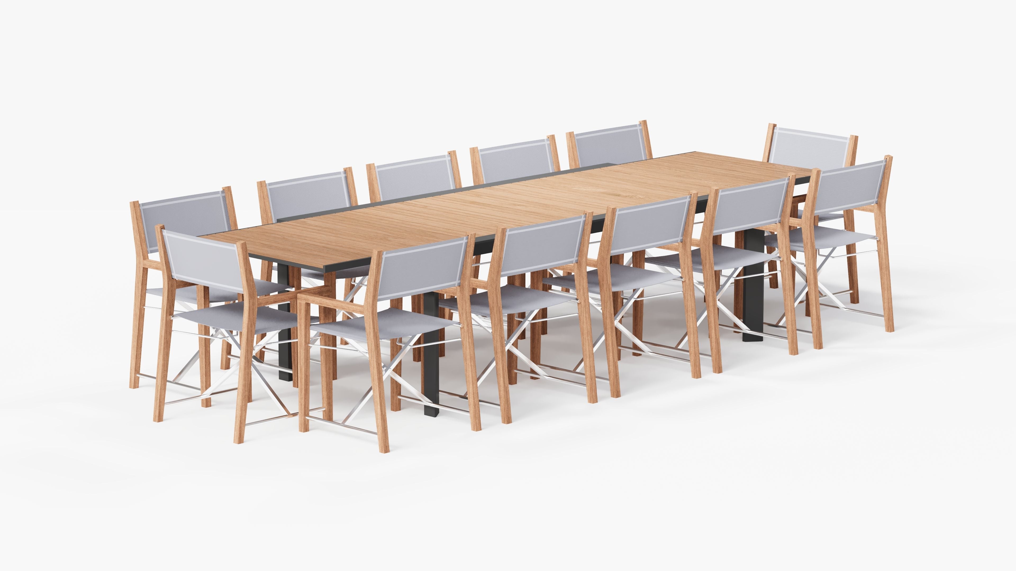 Table à manger extensible d'extérieur en teck et aluminium + 12 chaises de réalisateur en teck