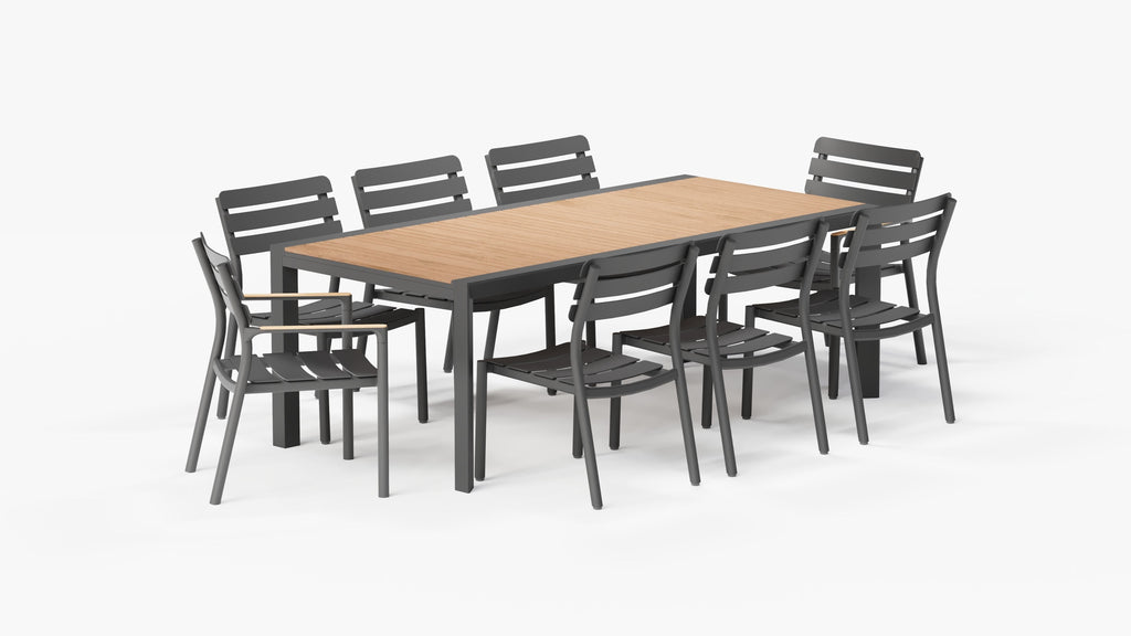 Table à manger extensible d'extérieur en teck et aluminium + 6 chaises sans accoudoirs 595 + 2 fauteuils 595