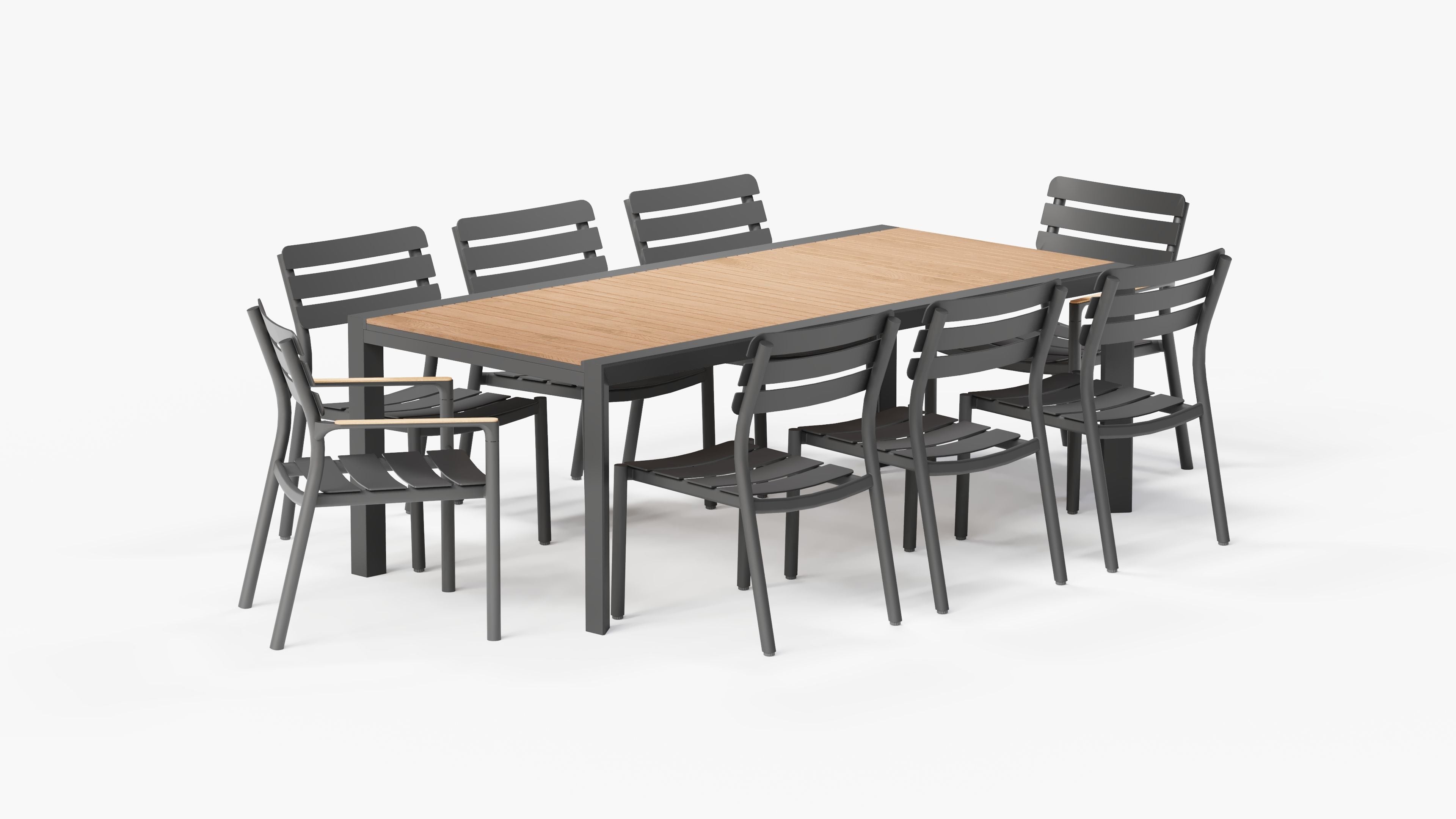 Table à manger extensible d'extérieur en teck et aluminium + 6 chaises sans accoudoirs 595 + 2 fauteuils 595