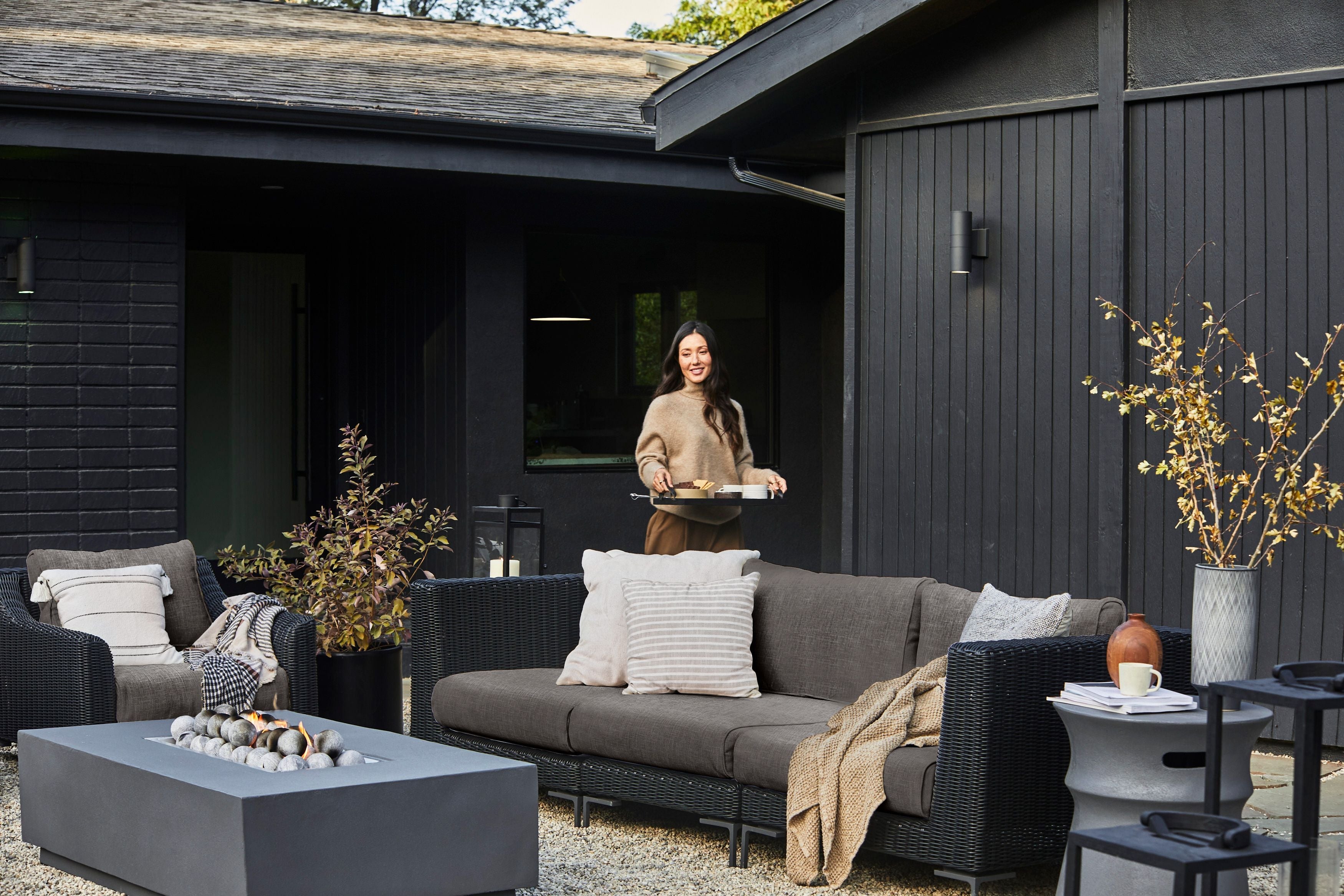 Canapé d'extérieur en osier noir avec fauteuils - 6 places