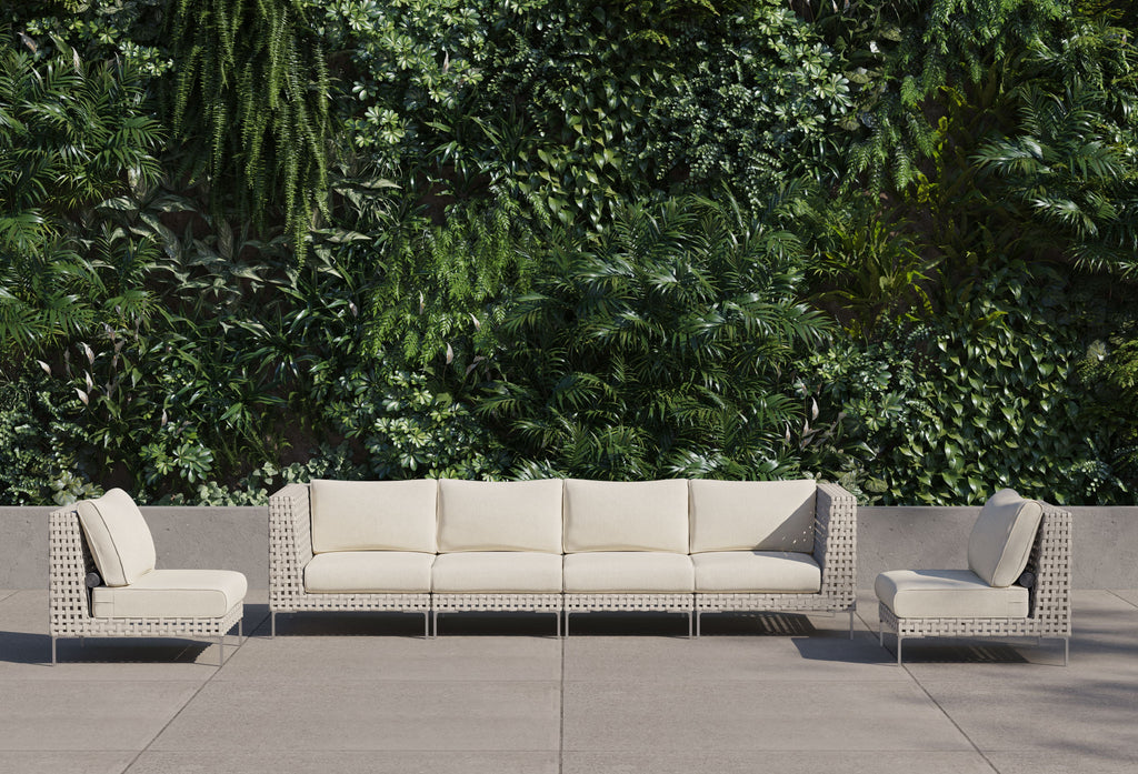 Canapé d'extérieur en osier à tissage ouvert avec chaises sans accoudoirs - 6 places