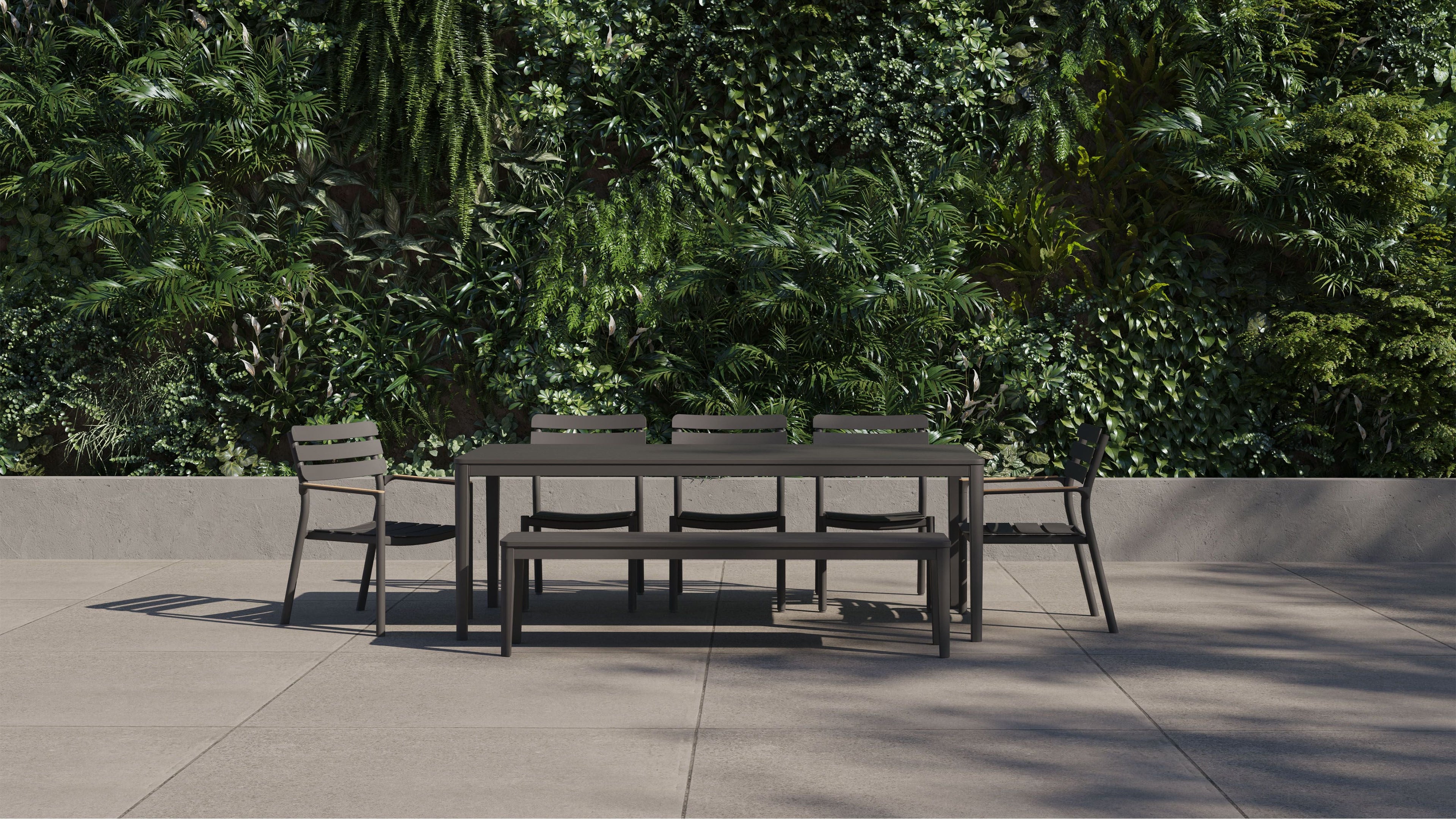 Table à manger rectangulaire d'extérieur en aluminium + 2 fauteuils 595 + 3 chaises sans accoudoirs 595 + banc de salle à manger en aluminium