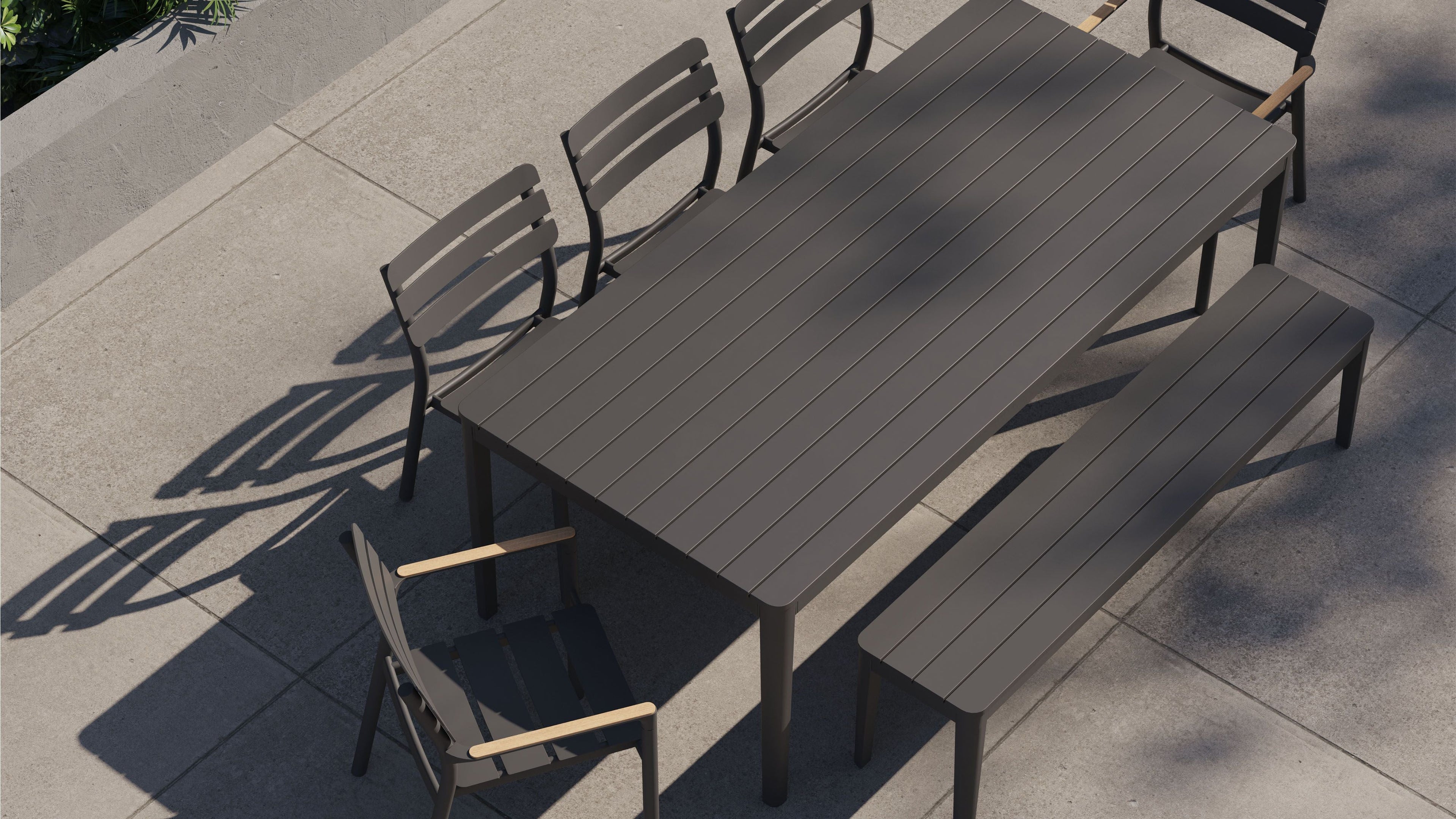 Table à manger rectangulaire d'extérieur en aluminium + 2 fauteuils 595 + 3 chaises sans accoudoirs 595 + banc de salle à manger en aluminium