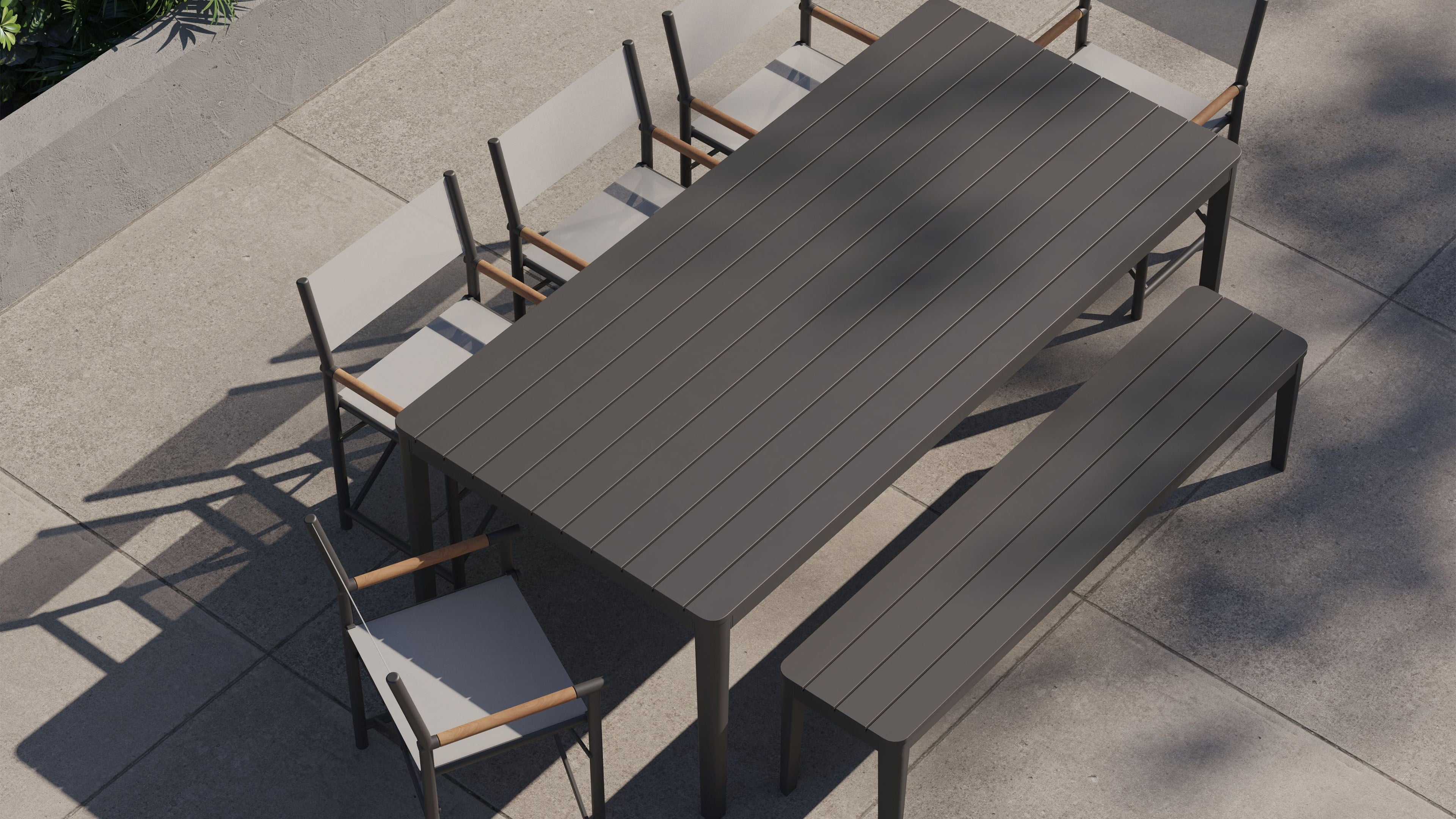 Table à manger rectangulaire d'extérieur en aluminium + 5 chaises de réalisateur en aluminium + banc de salle à manger en aluminium