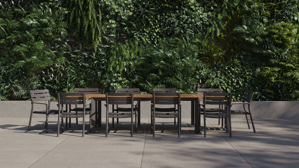 Table à manger extensible d'extérieur en teck et aluminium + 10 fauteuils 595