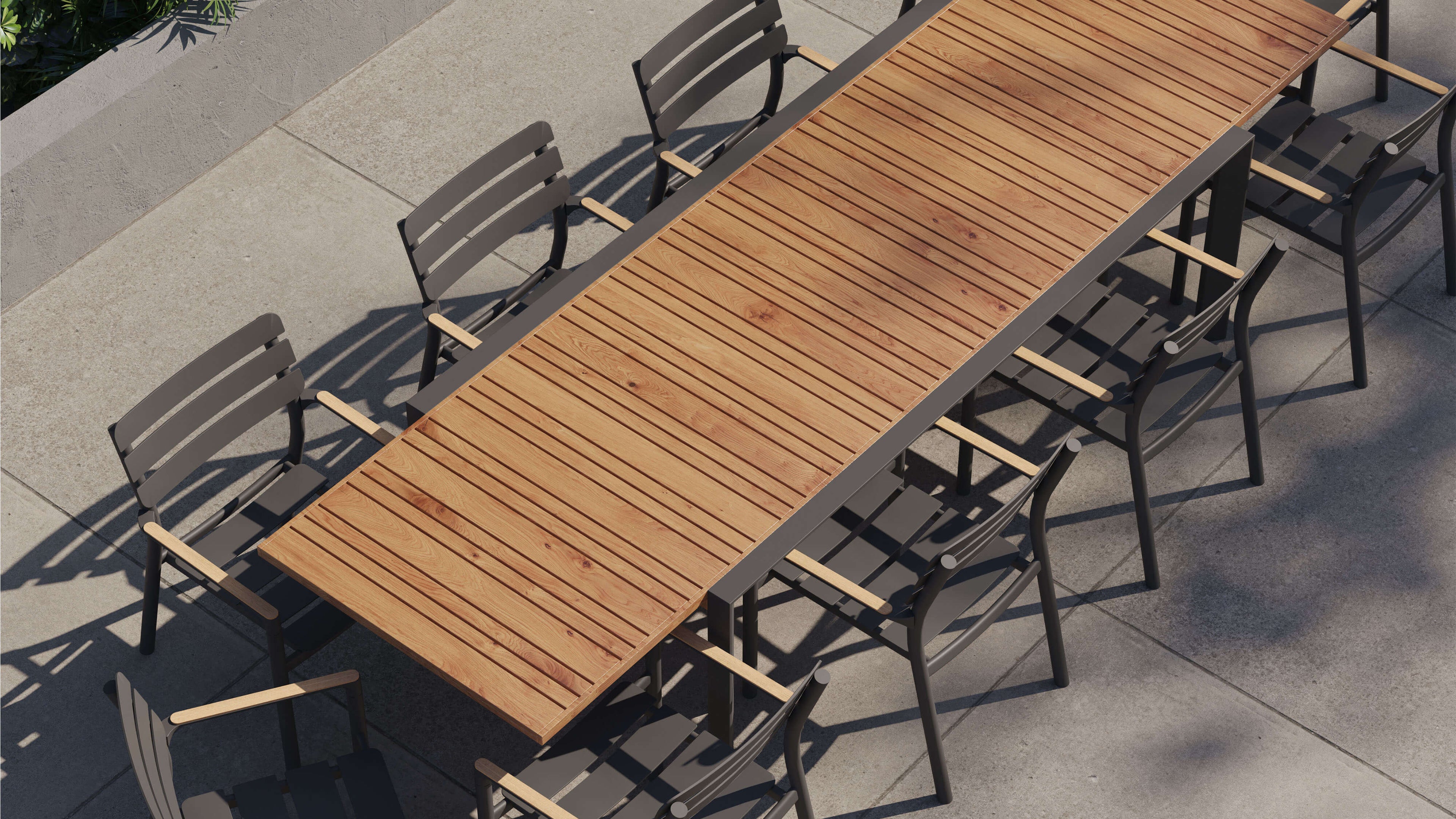 Table à manger extensible d'extérieur en teck et aluminium + 10 fauteuils 595