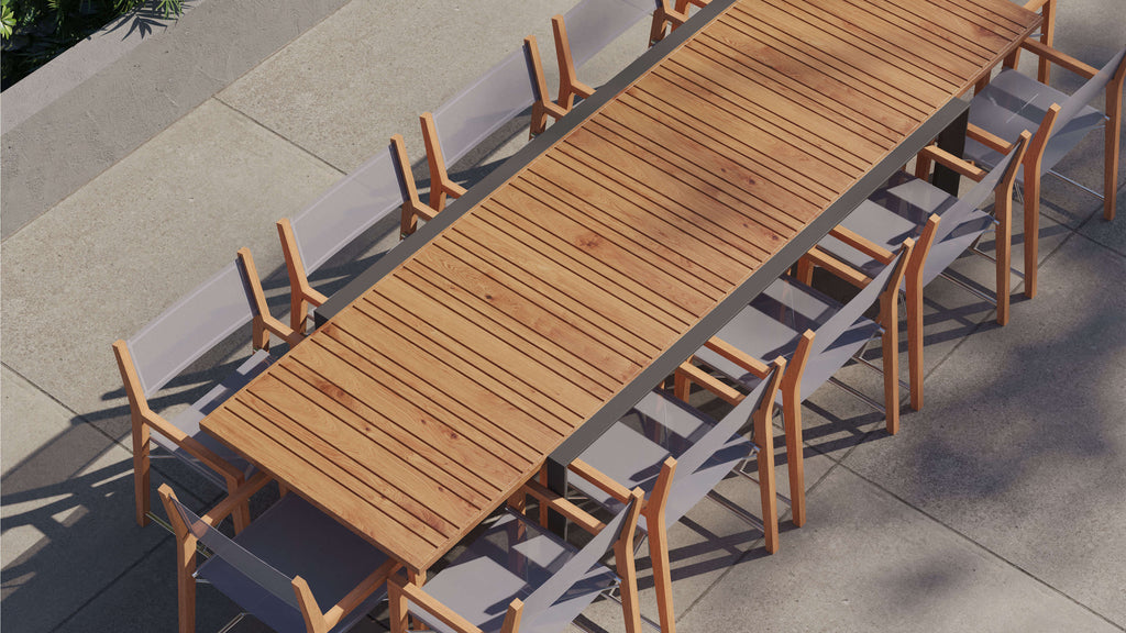 Table à manger extensible d'extérieur en teck et aluminium + 12 chaises de réalisateur en teck