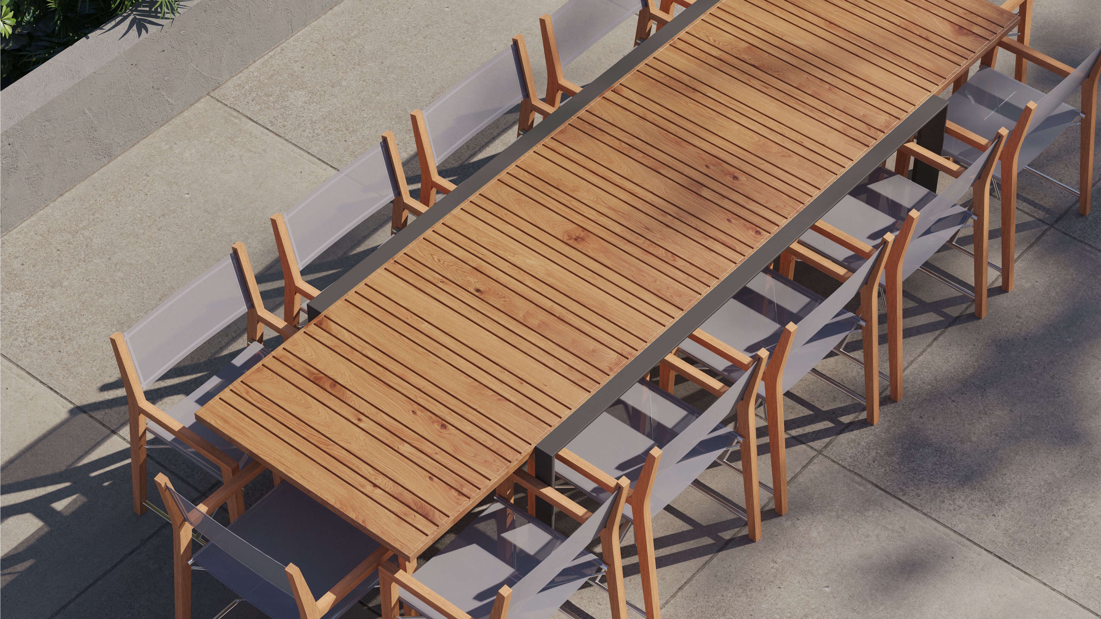 Table à manger extensible d'extérieur en teck et aluminium + 12 chaises de réalisateur en teck