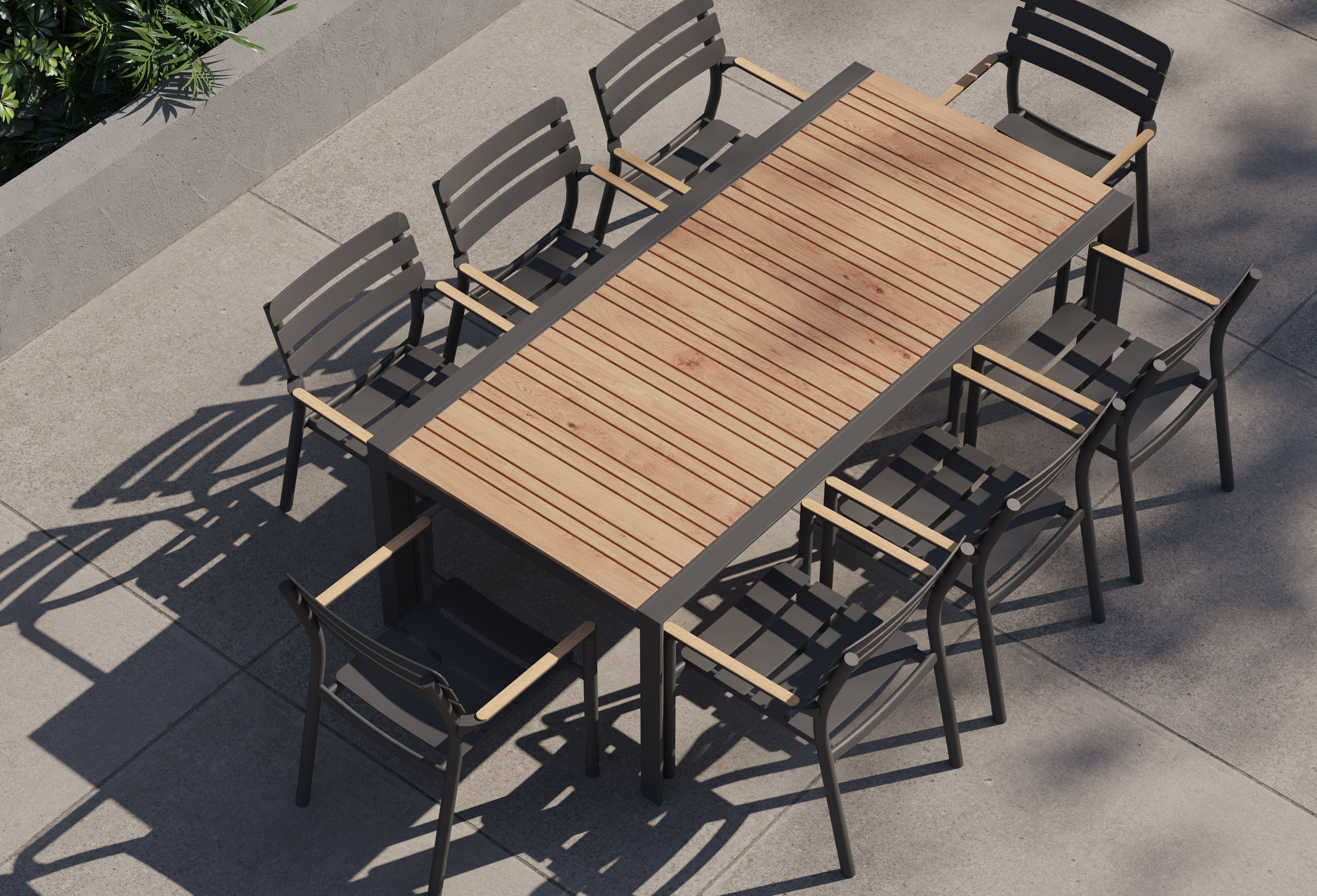 Table à manger extensible d'extérieur en teck et aluminium + 8 fauteuils 595