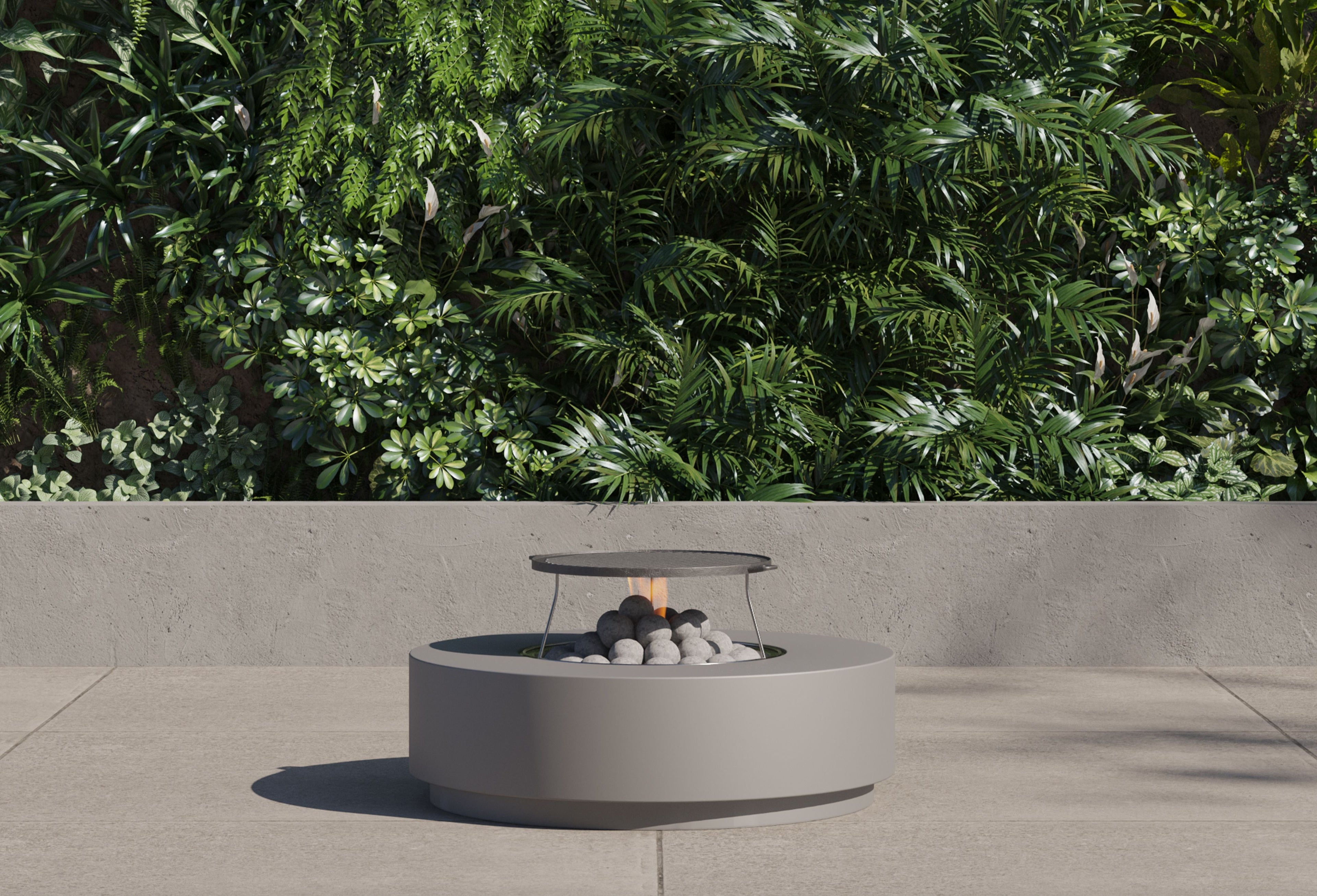 Ensemble de table et foyer en béton rond