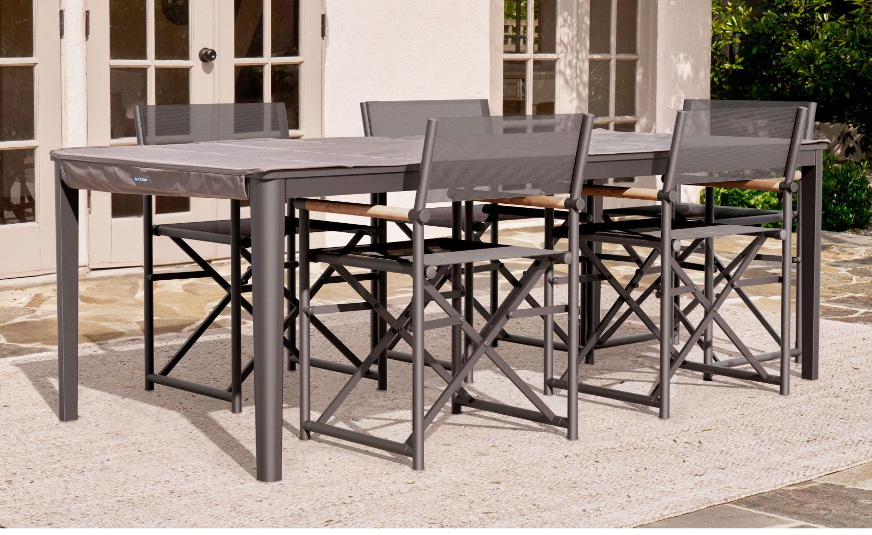Table à manger rectangulaire d'extérieur en aluminium + 5 chaises de réalisateur en aluminium + banc de salle à manger en aluminium