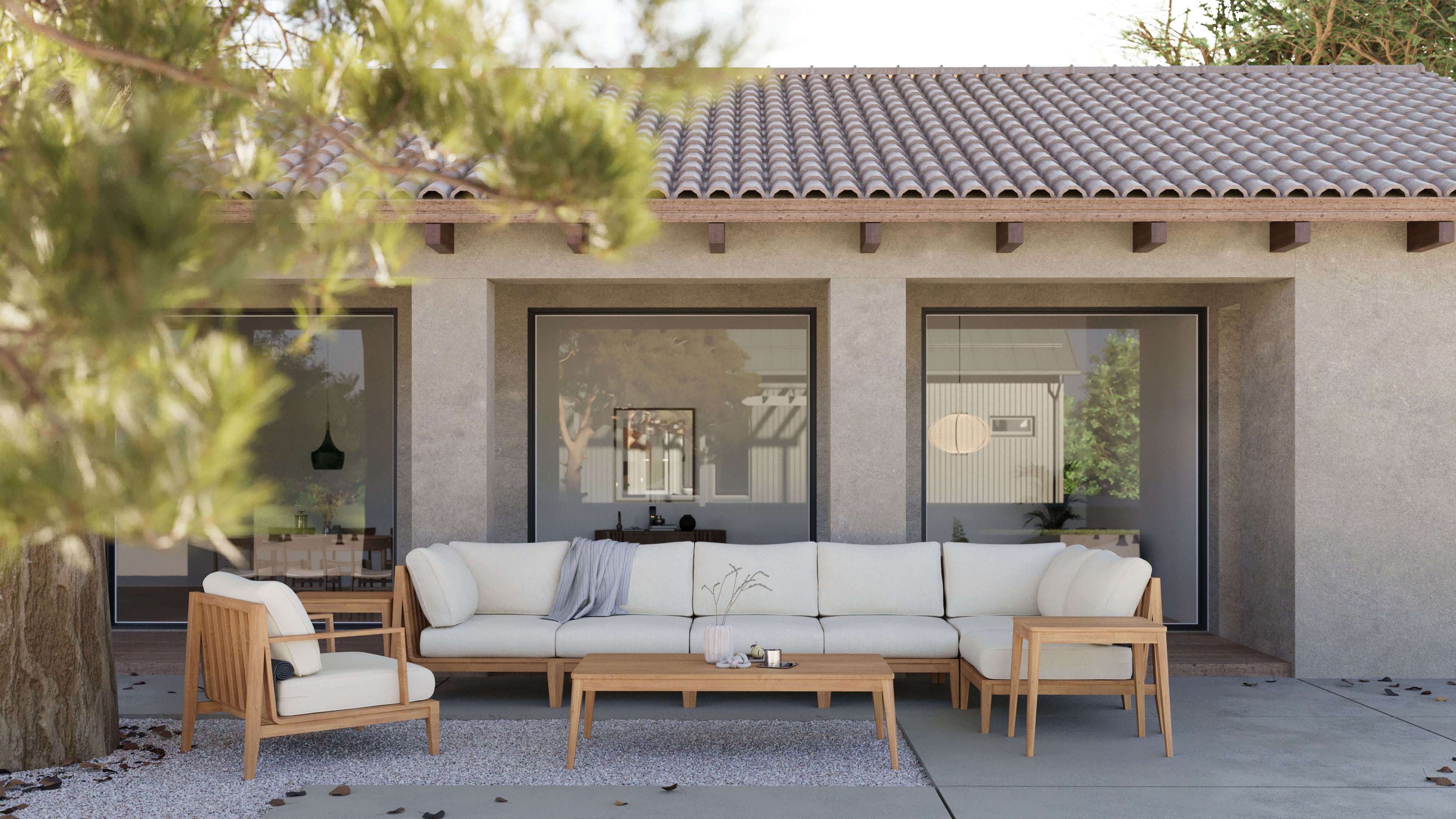 Canapé d'extérieur en teck avec fauteuils - 5 places
